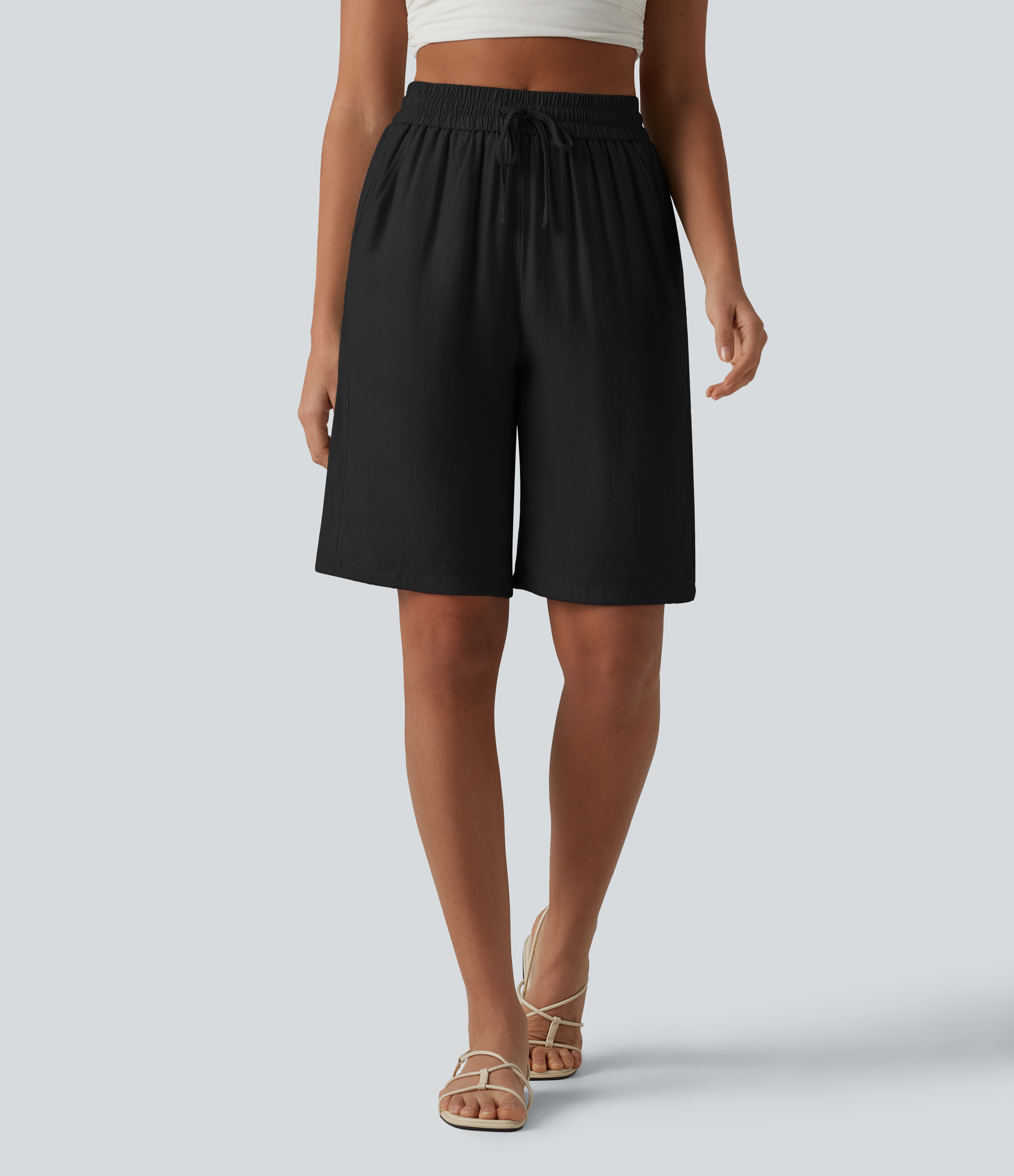 Lässige Shorts aus Leinenmischgewebe mit hohem Bund, Seitentaschen und Kordelzug - 25,4 cm