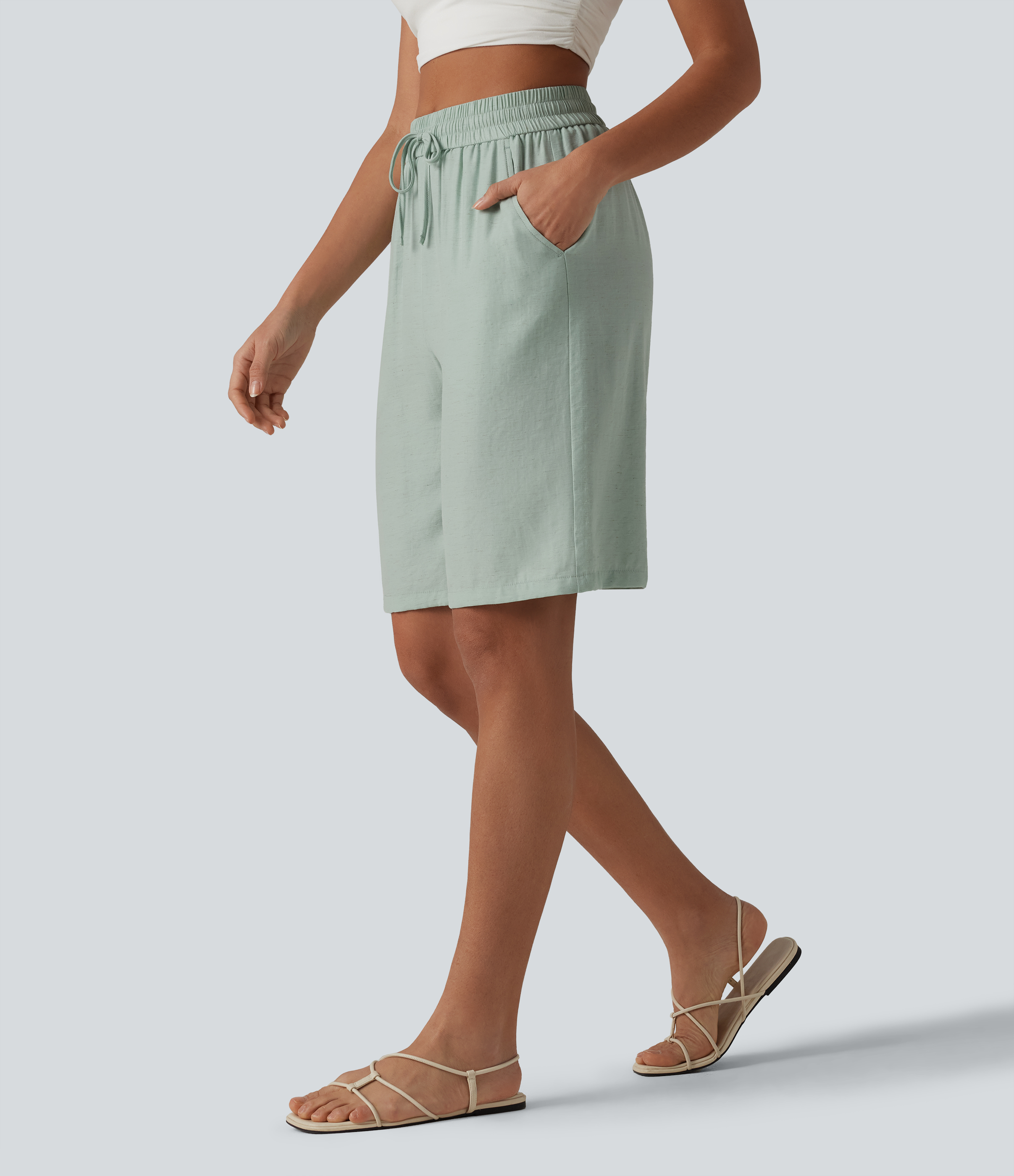 High Waisted Drawstring Casual Linen-Blend Shorts 10'' with Pockets