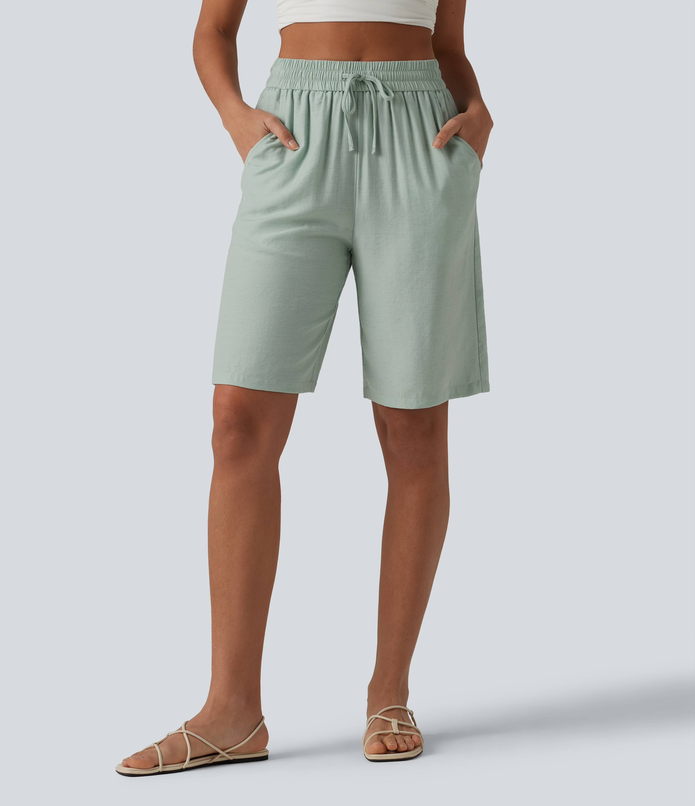 Short décontracté taille haute en lin mélangé avec cordon de serrage et poches, 25 cm