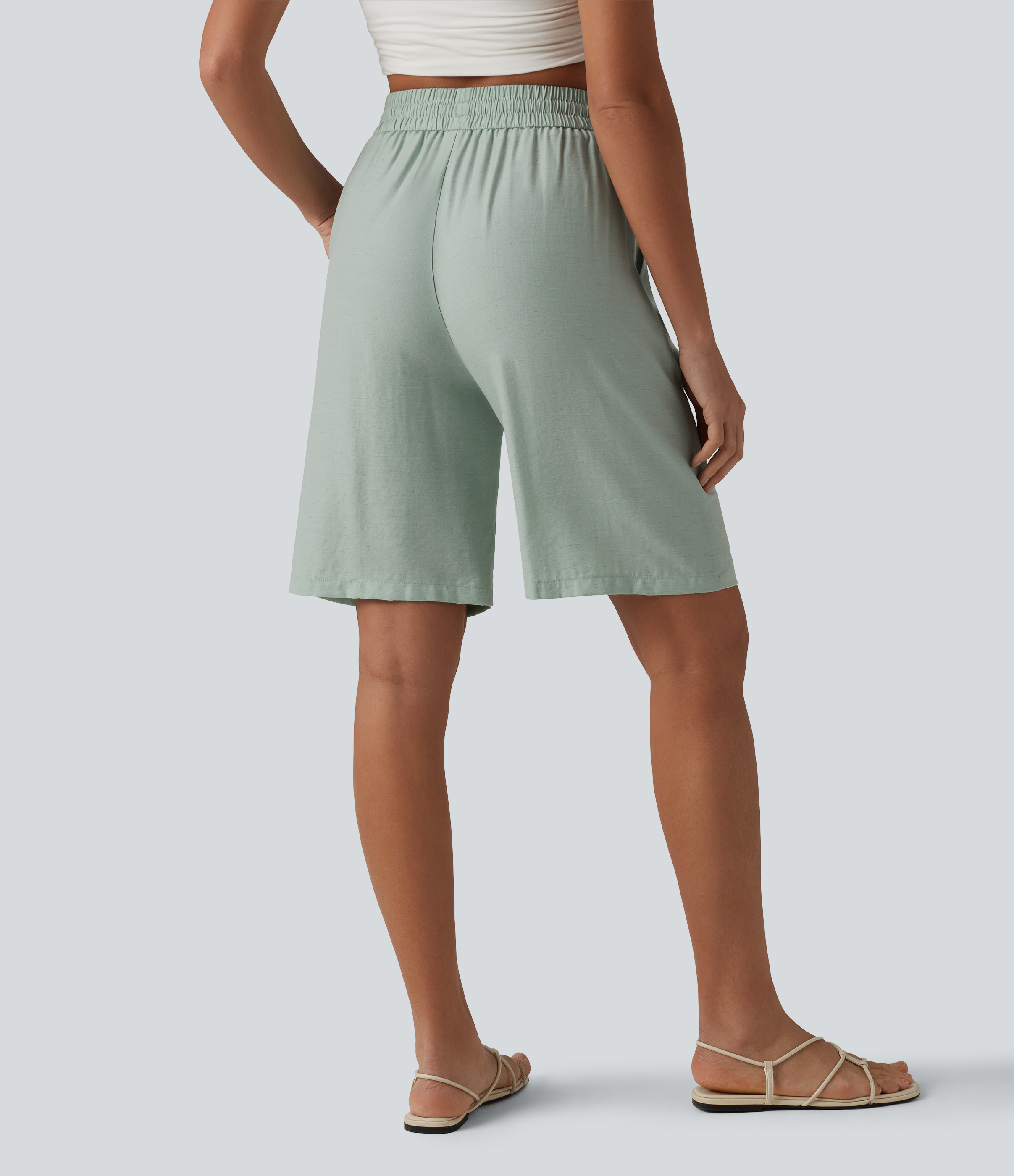 Aqua Gray Short décontracté taille haute en lin mélangé avec cordon de serrage et poches, 25 cm / 2
