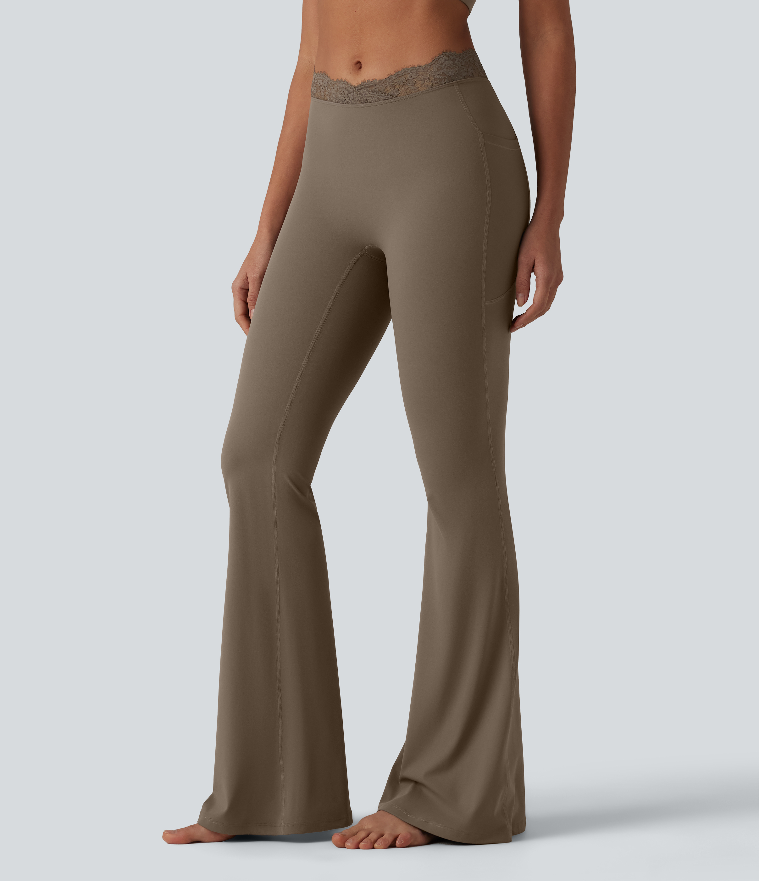 Halara UltraSculpt™ V-Shaped High Waisted Contrast Lace Yoga Flare Leggings with Pockets