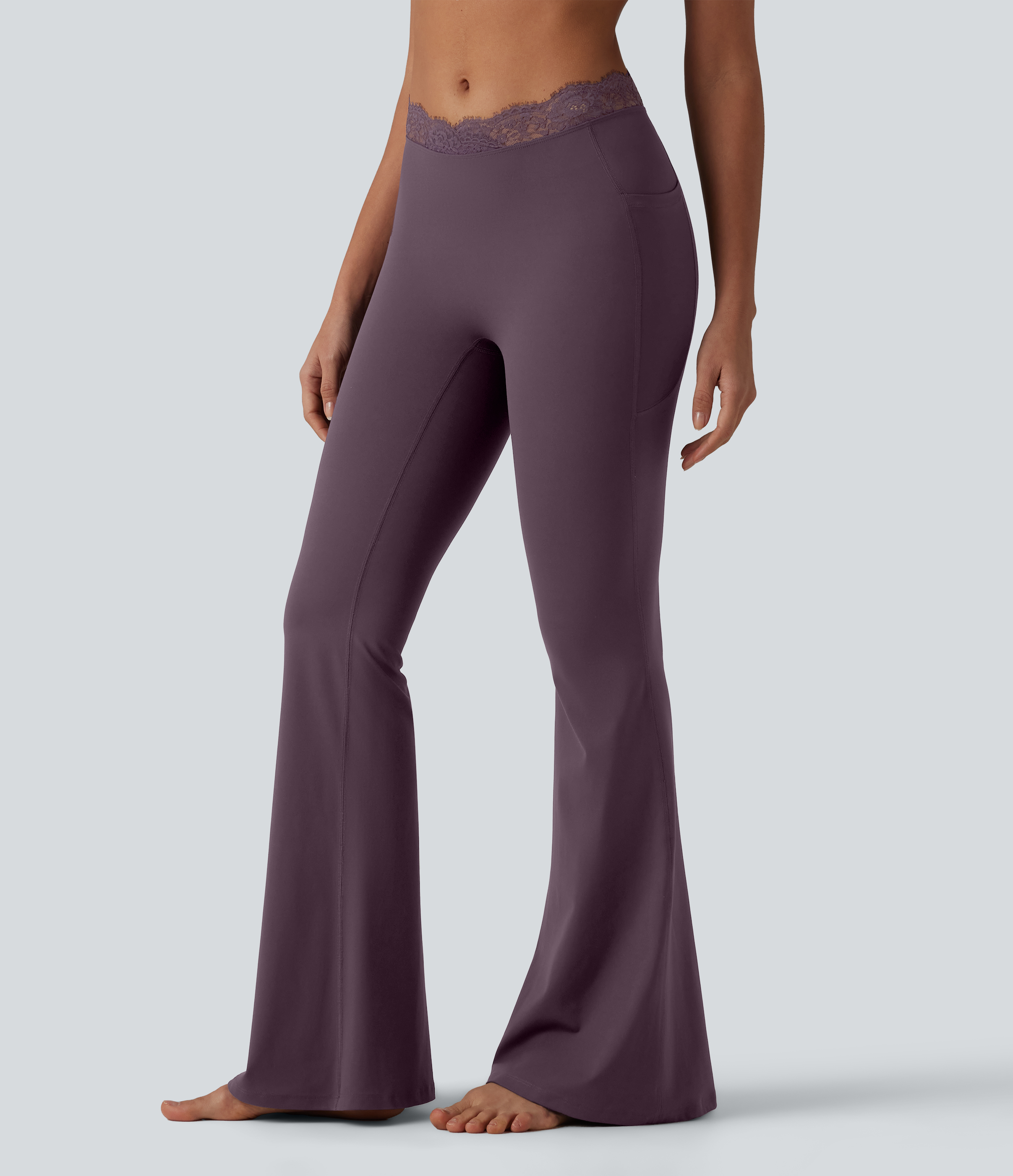 Halara UltraSculpt™ V-Shaped High Waisted Contrast Lace Yoga Flare Leggings with Pockets
