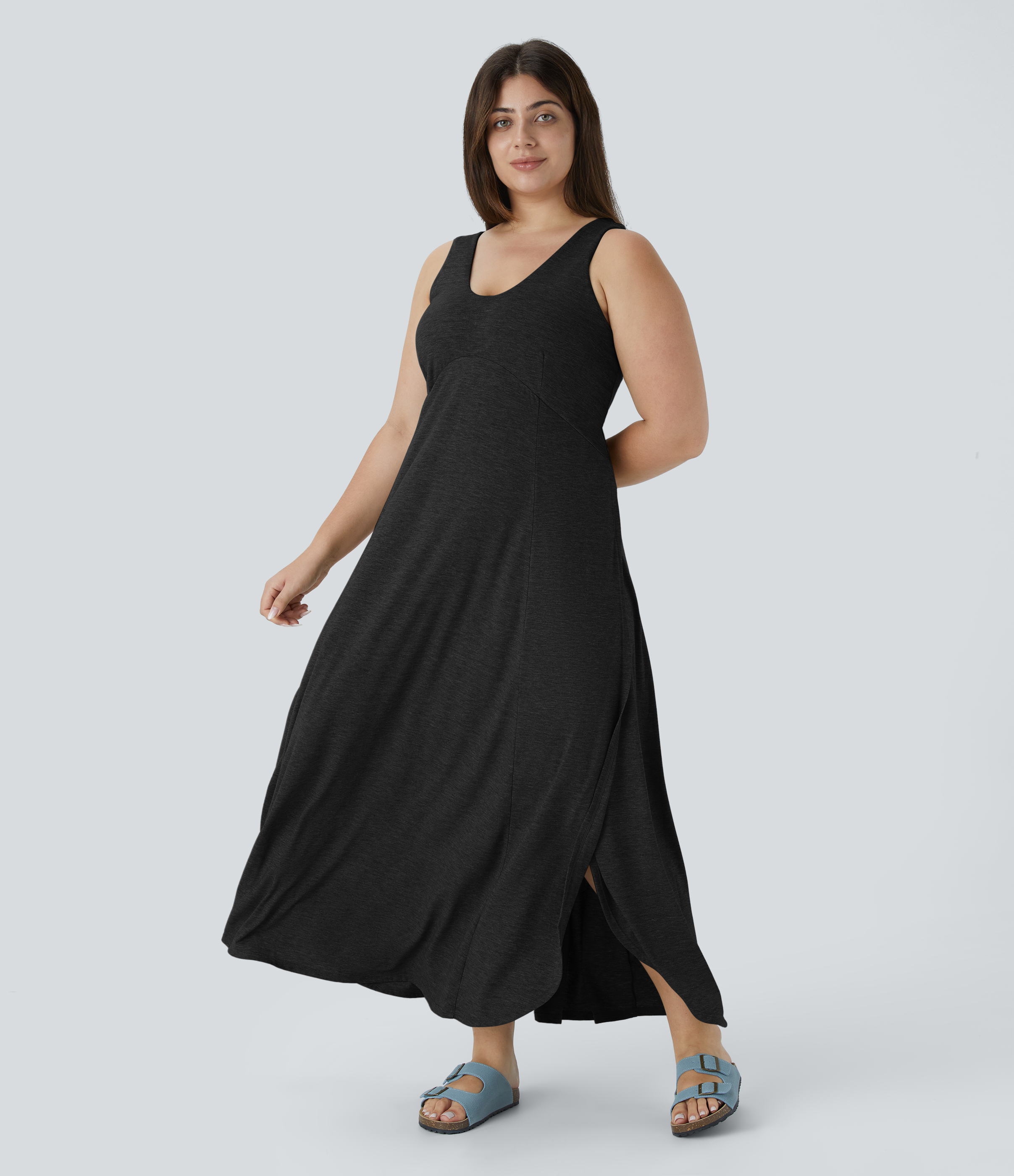 U-Ausschnitt Fließendes Maxi Casual Kleid in Übergrößen