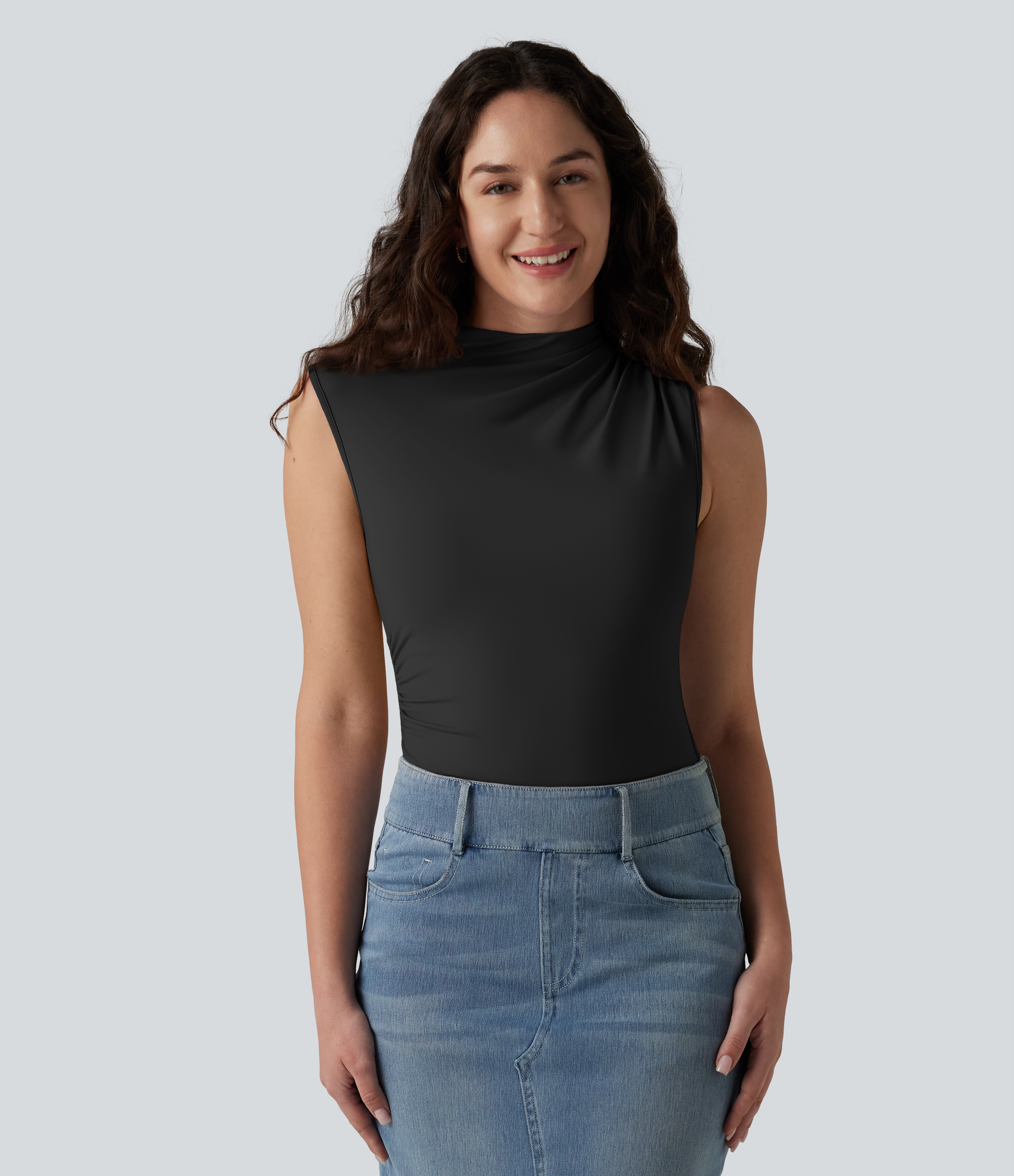  Mock Neck Ruched Sleeveless Casual Bodysuit