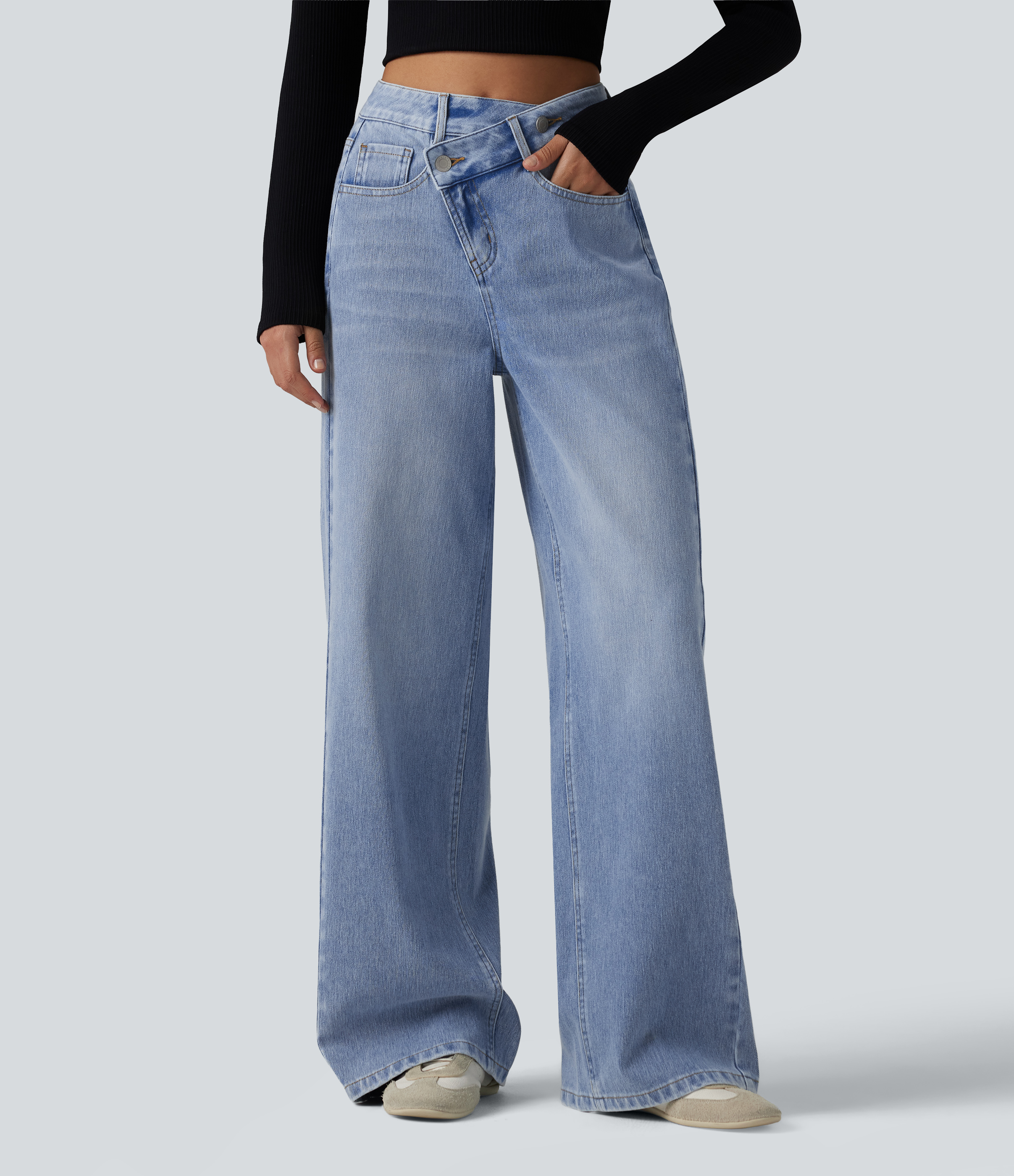 Halara Flex™ Asymmetric High Waisted Washed Women Casual Baggy Denim Jeans with Pockets