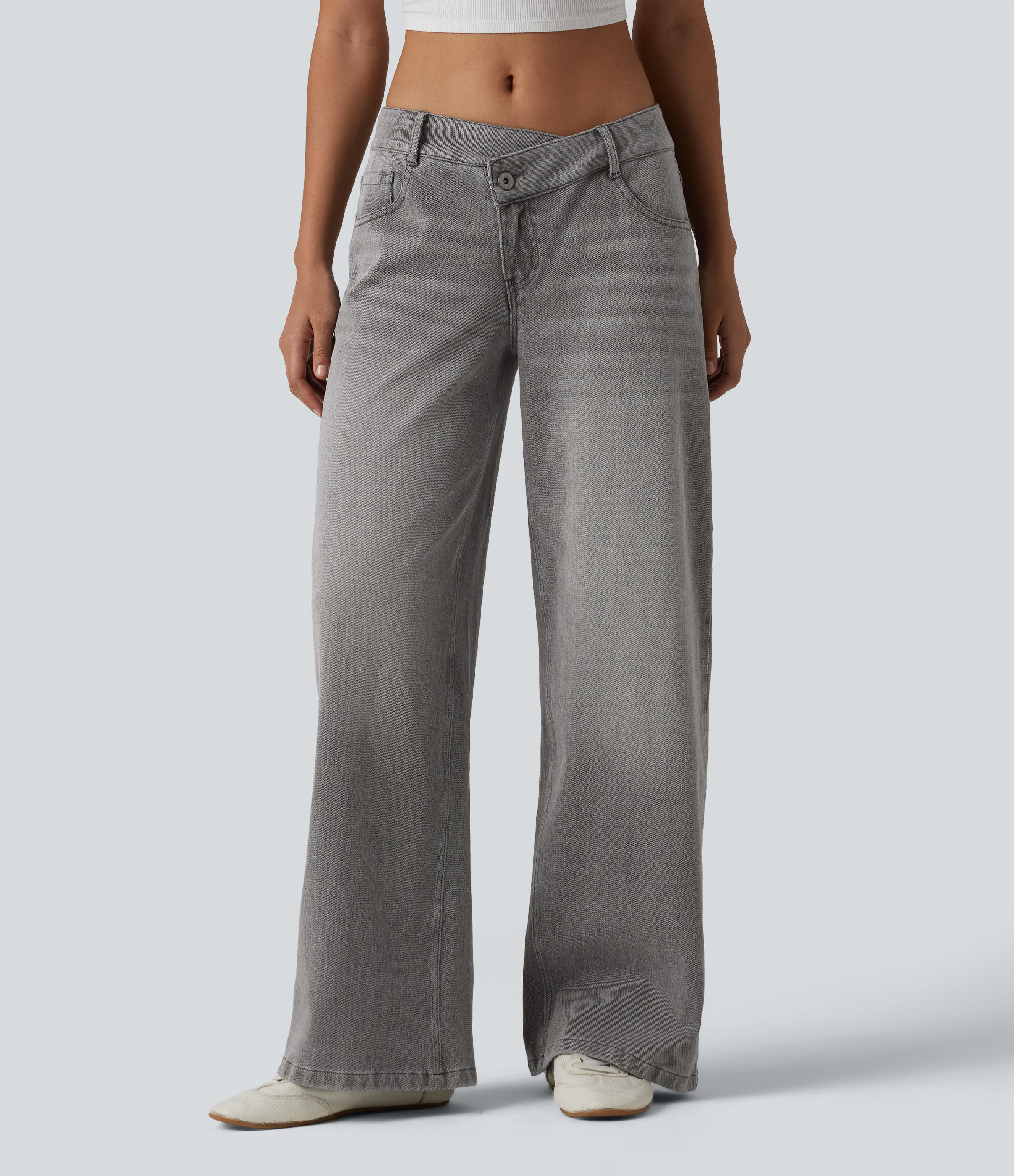 Halara Flex™ Asymmetrische Niedrige Taille Reißverschluss-Taschen Weite Beinschnitt Gewaschene Lässige Jeans