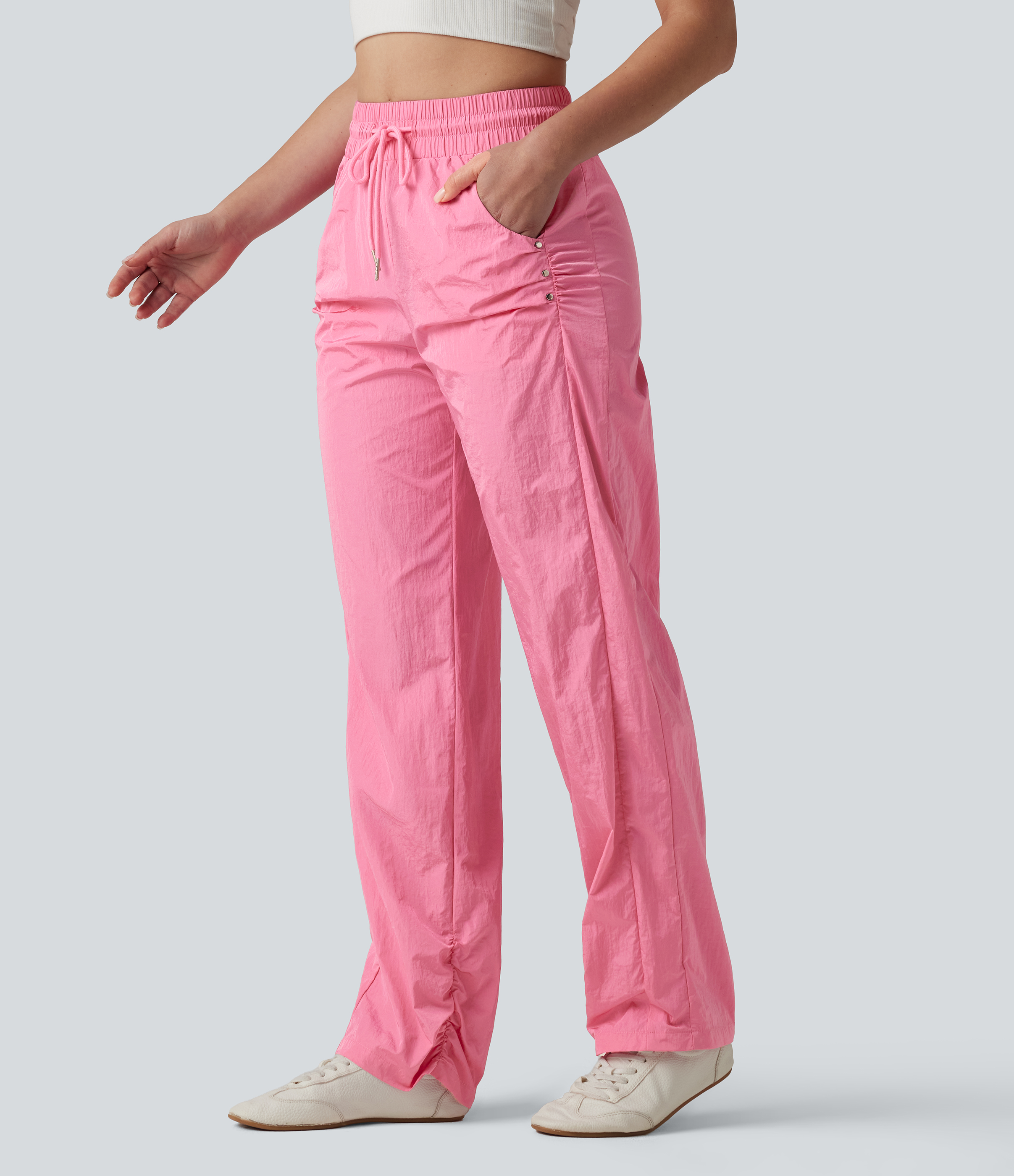 High Waisted Drawstring Studded Straight Leg Casual Pants with Pockets