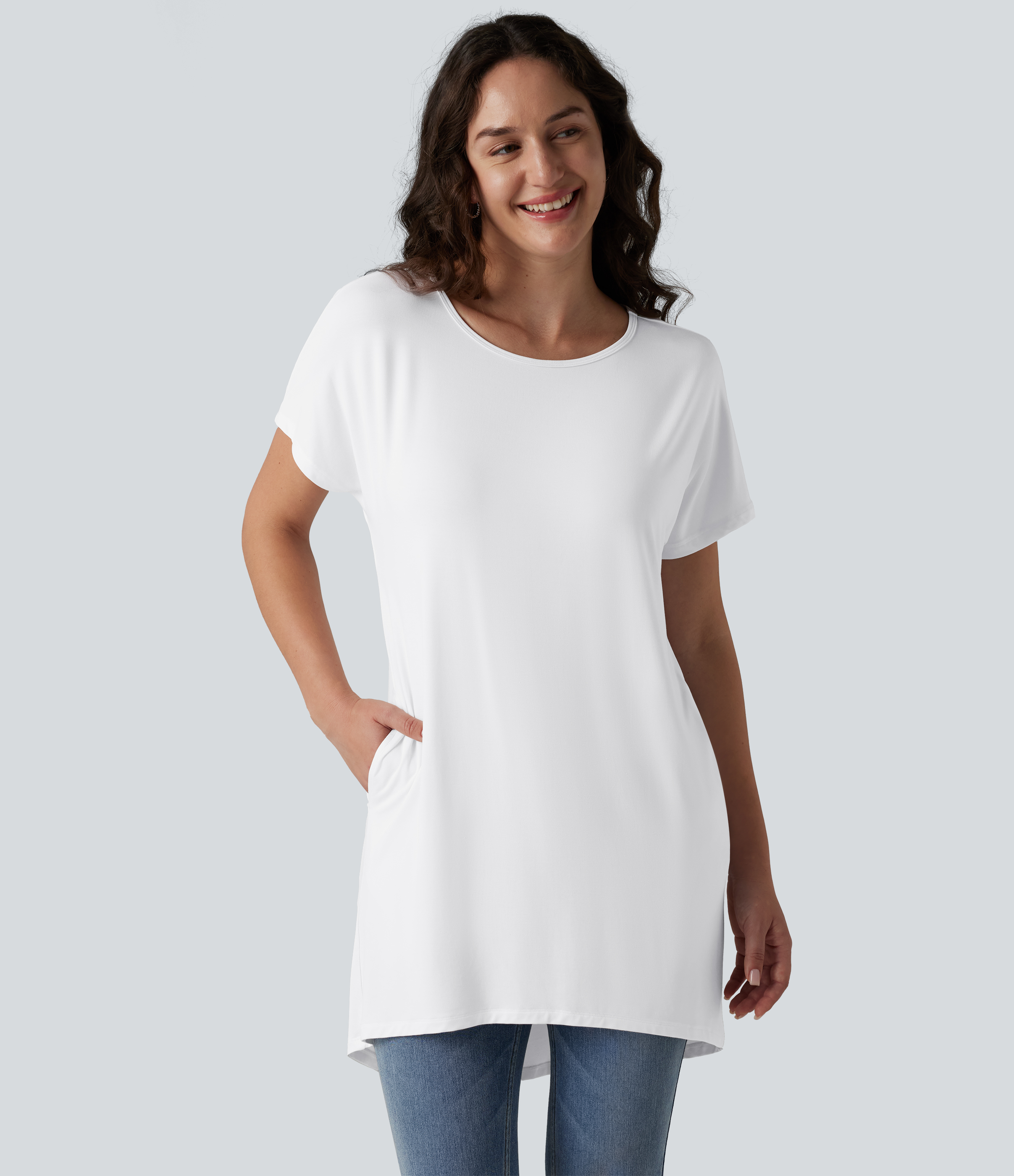 U-Boot-Ausschnitt, kurzärmeliges, lässiges Longline-T-Shirt mit High-Low-Saum und Taschen