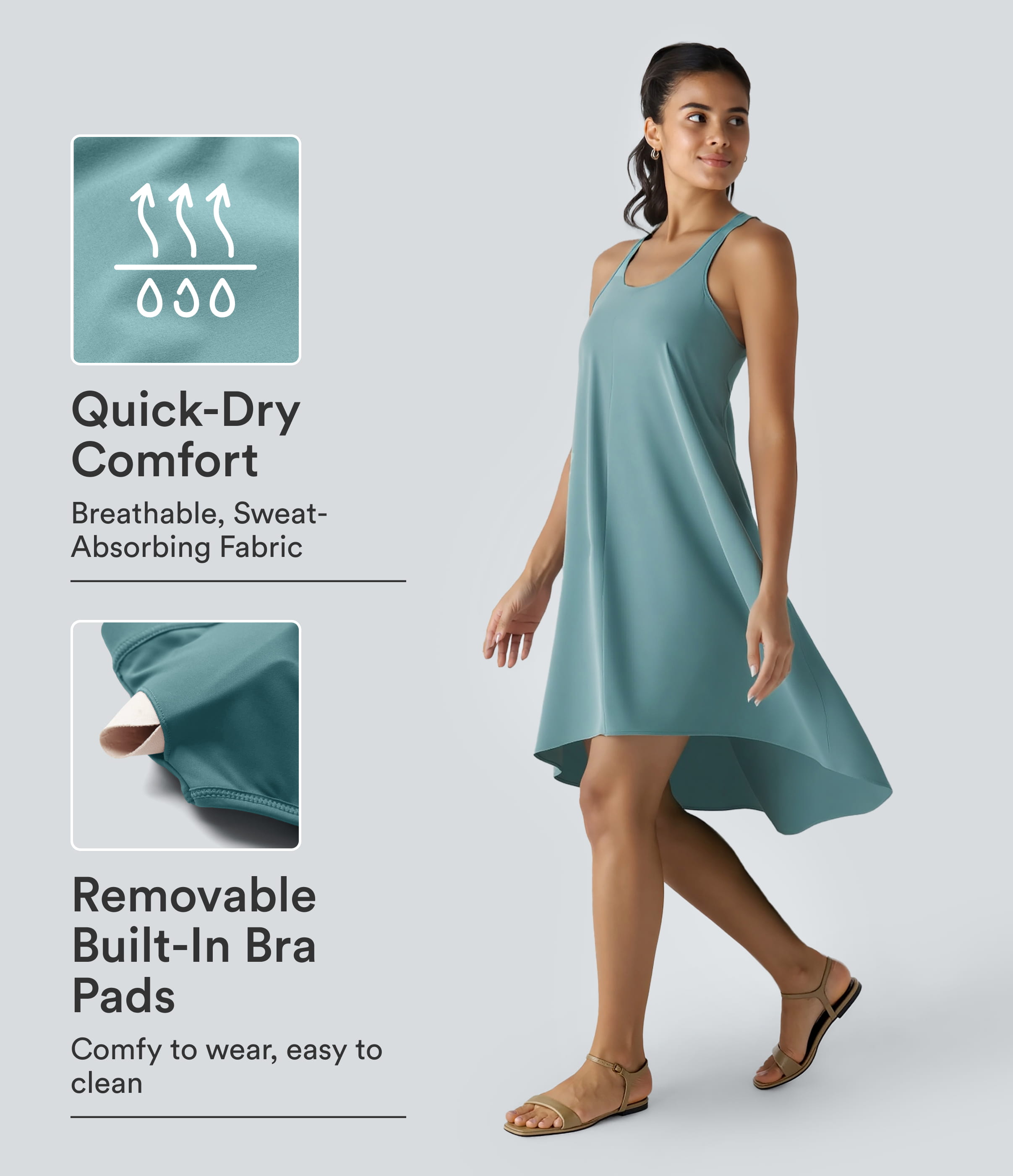 Breezeful™ Backless Racerback Side Pocket High Low Flowy Midi Quick Dry Casual Dress