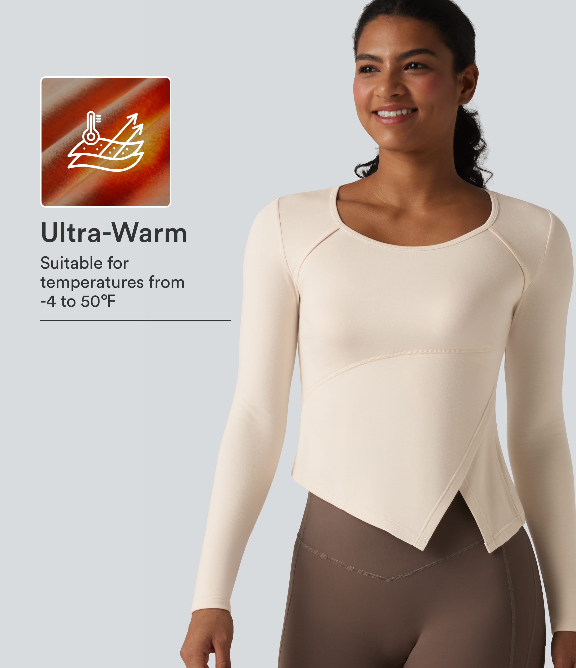 Halara HeatCore Round Neck Long Sleeve Asymmetric Hem Workout Warming Top