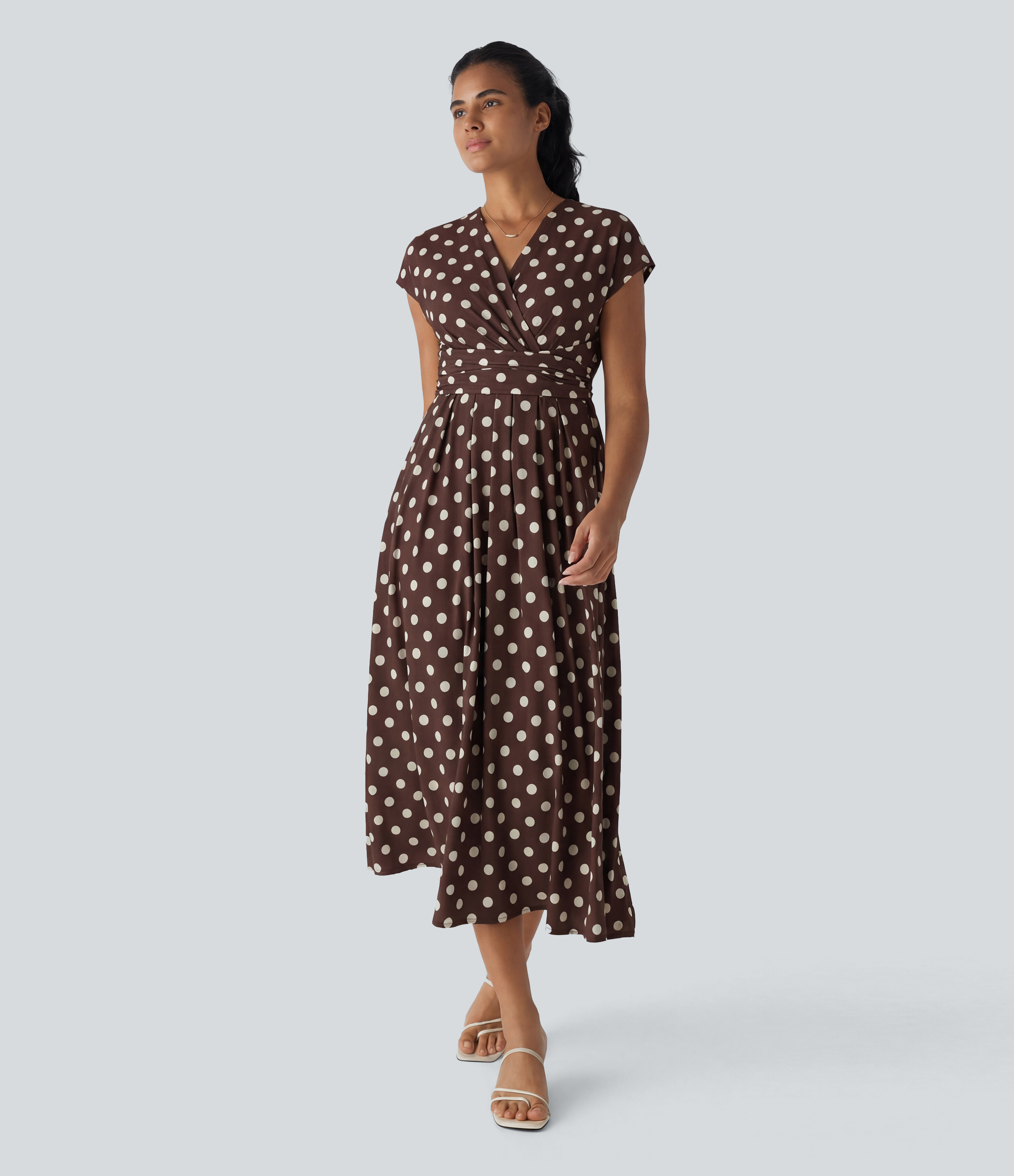 Breezeful™ V Neck Short Sleeve Tie Back Polka Dot Quick Dry Midi Casual Dress with Pockets