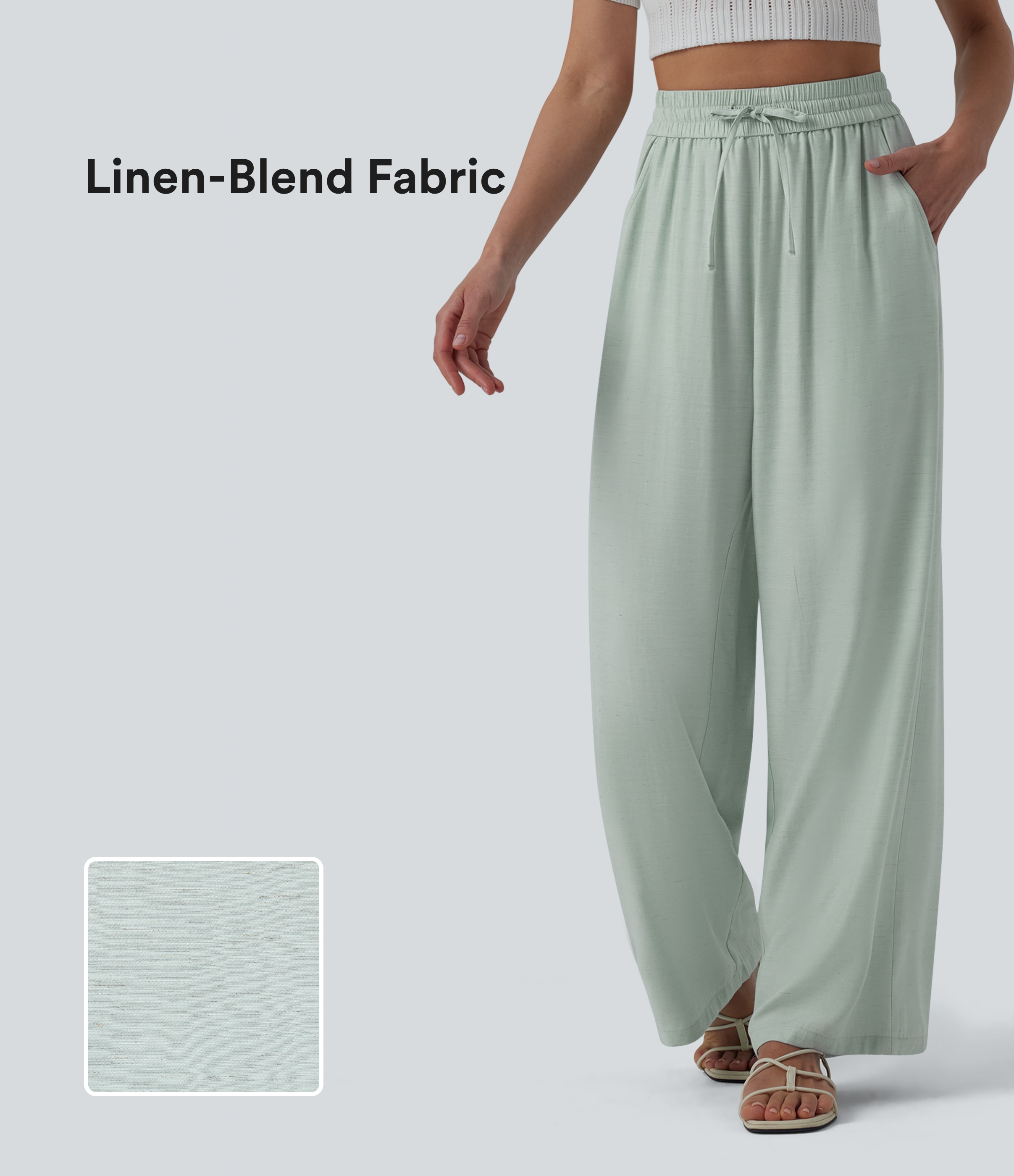 Lässige Leinen-Hose mit hohem Bund, Kordelzug, weitem Bein und Taschen