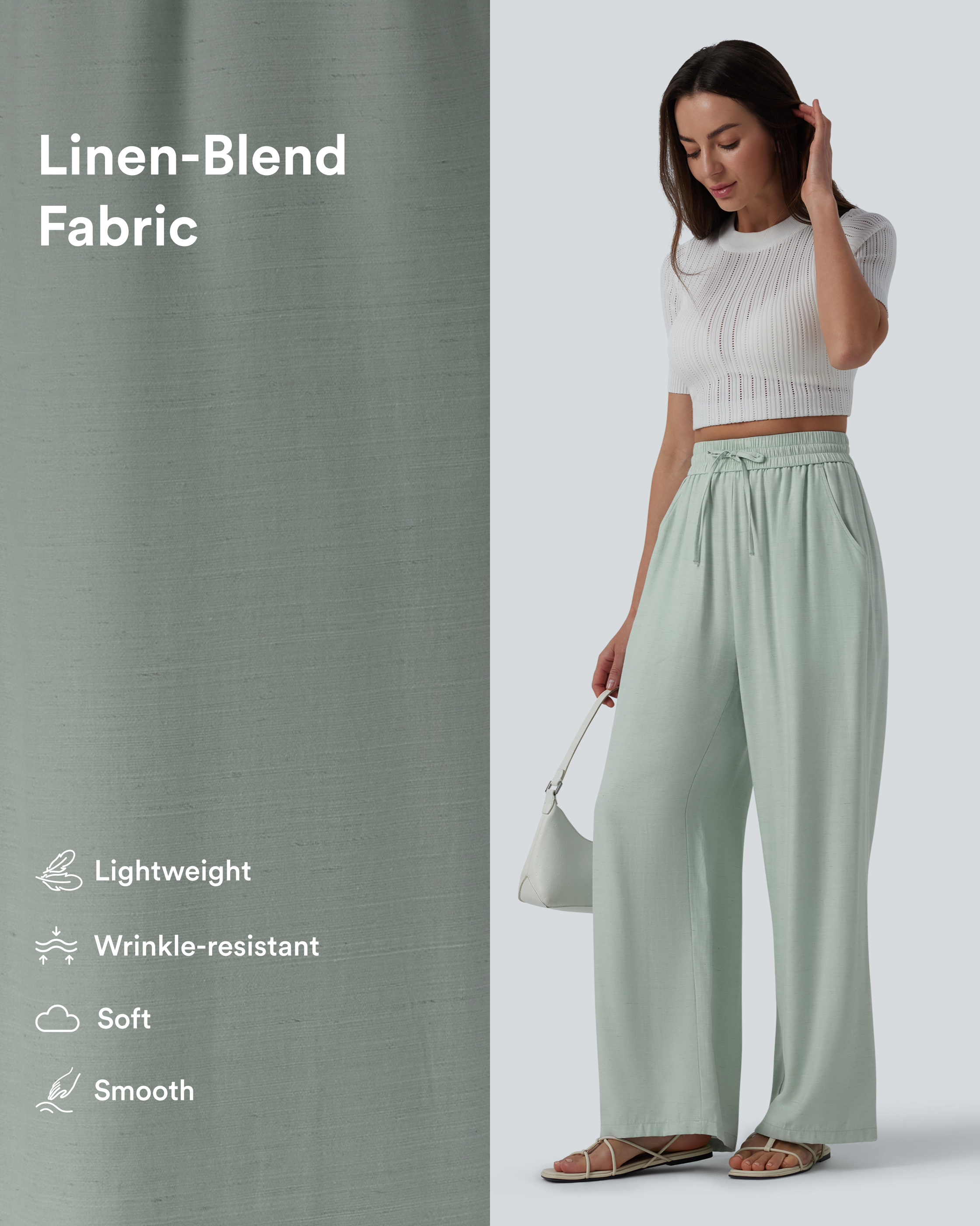 Aqua Gray High Waisted Drawstring Wide Leg Casual Linen-Blend Trousers with Pockets / 2