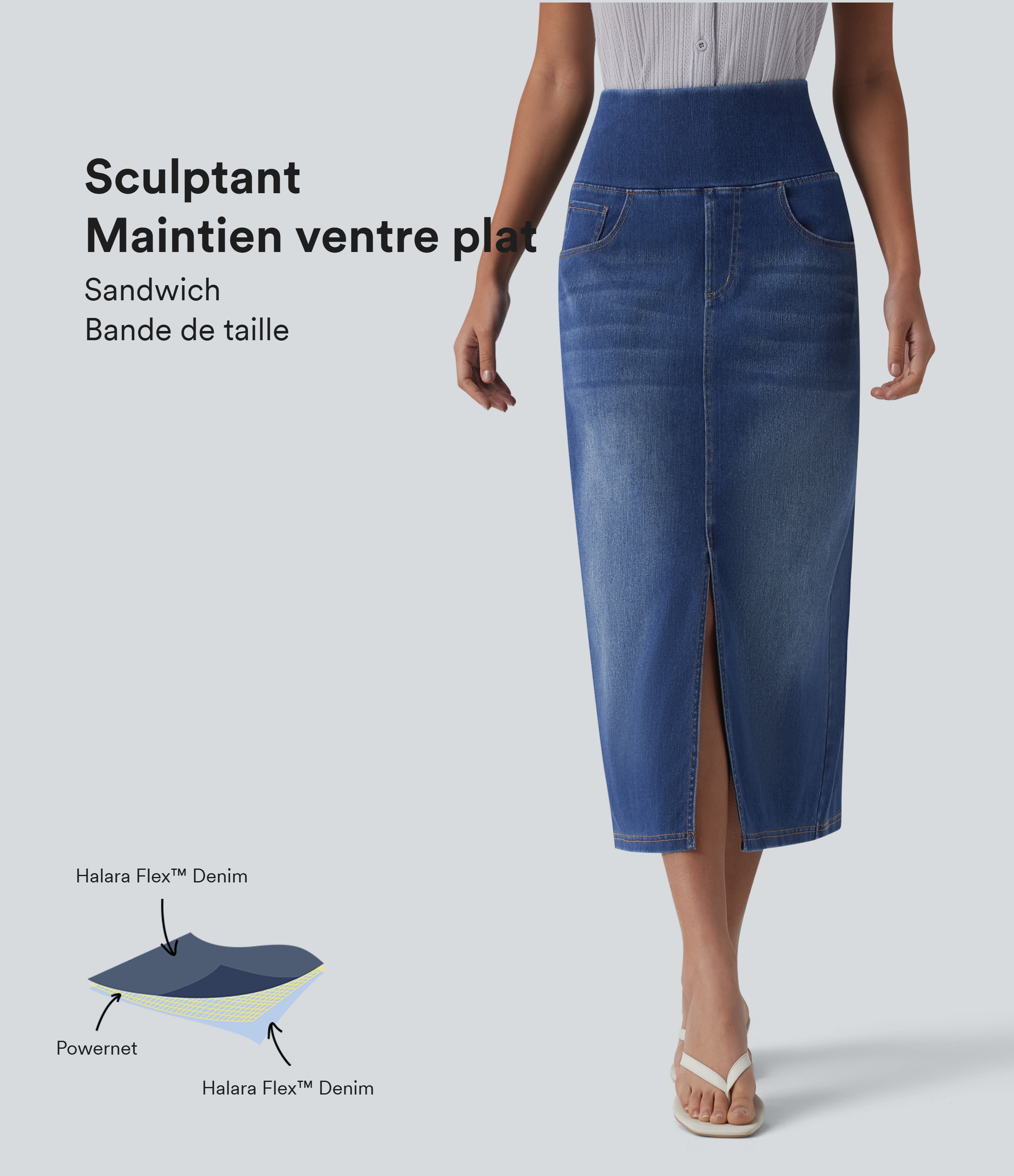Halara Flex™ Jupe midi en denim taille haute ventre plat avec poches