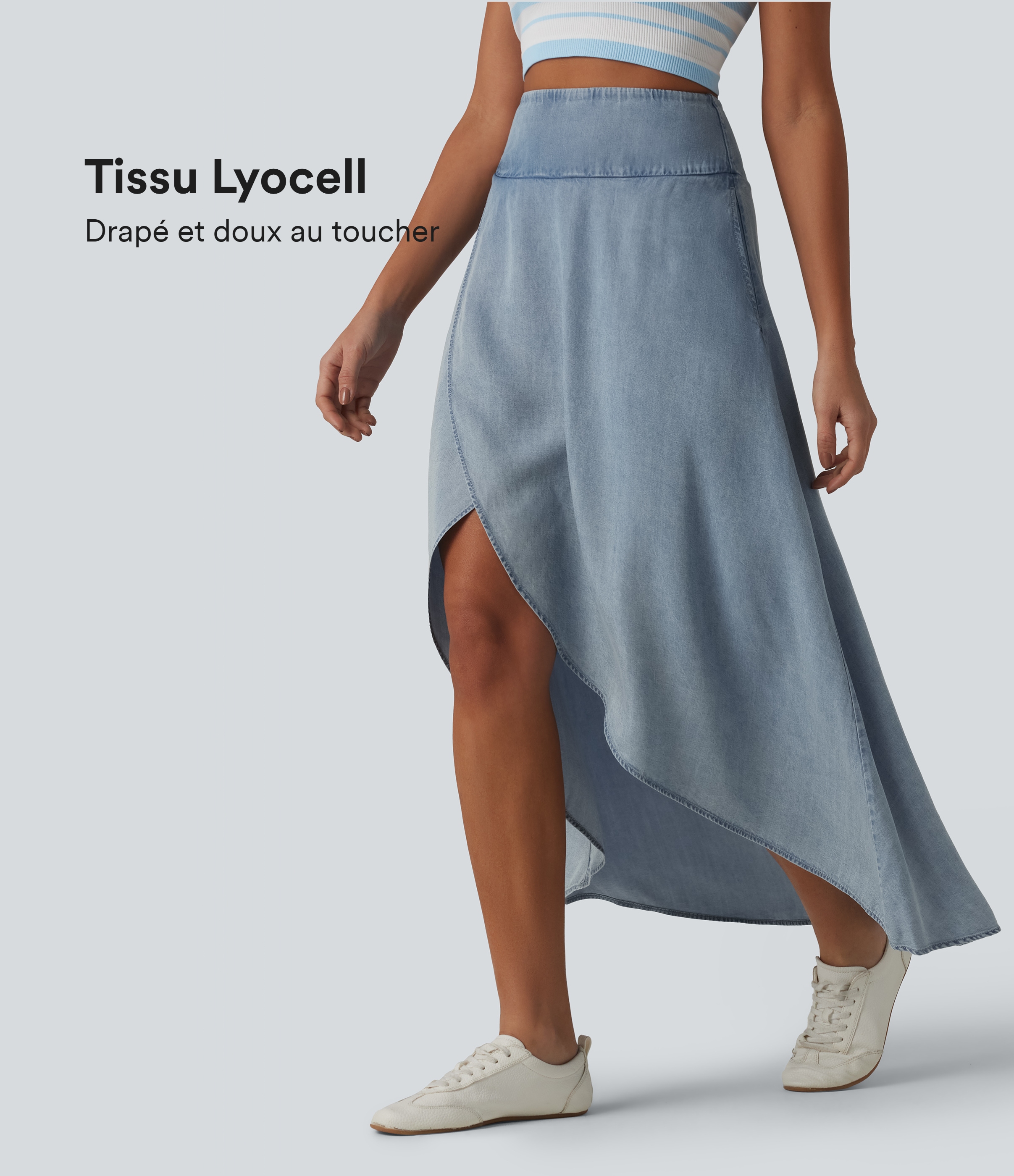 Jupe en jean midi fluide drapée en lyocell taille haute avec fermeture éclair invisible, ourlet asymétrique et poches
