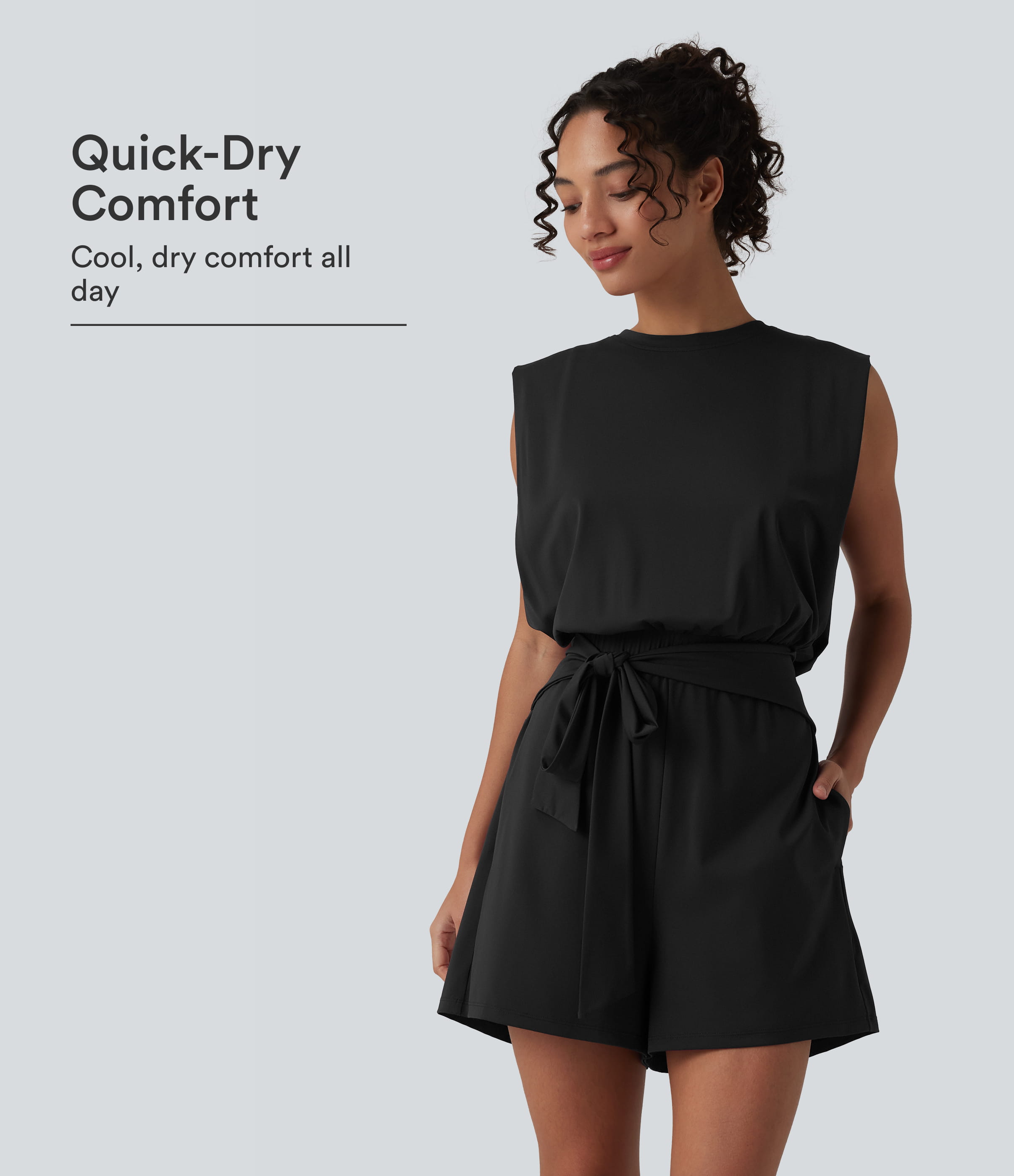 Round Neck Sleeveless Tie-front Cool Touch Casual Romper with Pockets-Easy Peezy-UPF50+