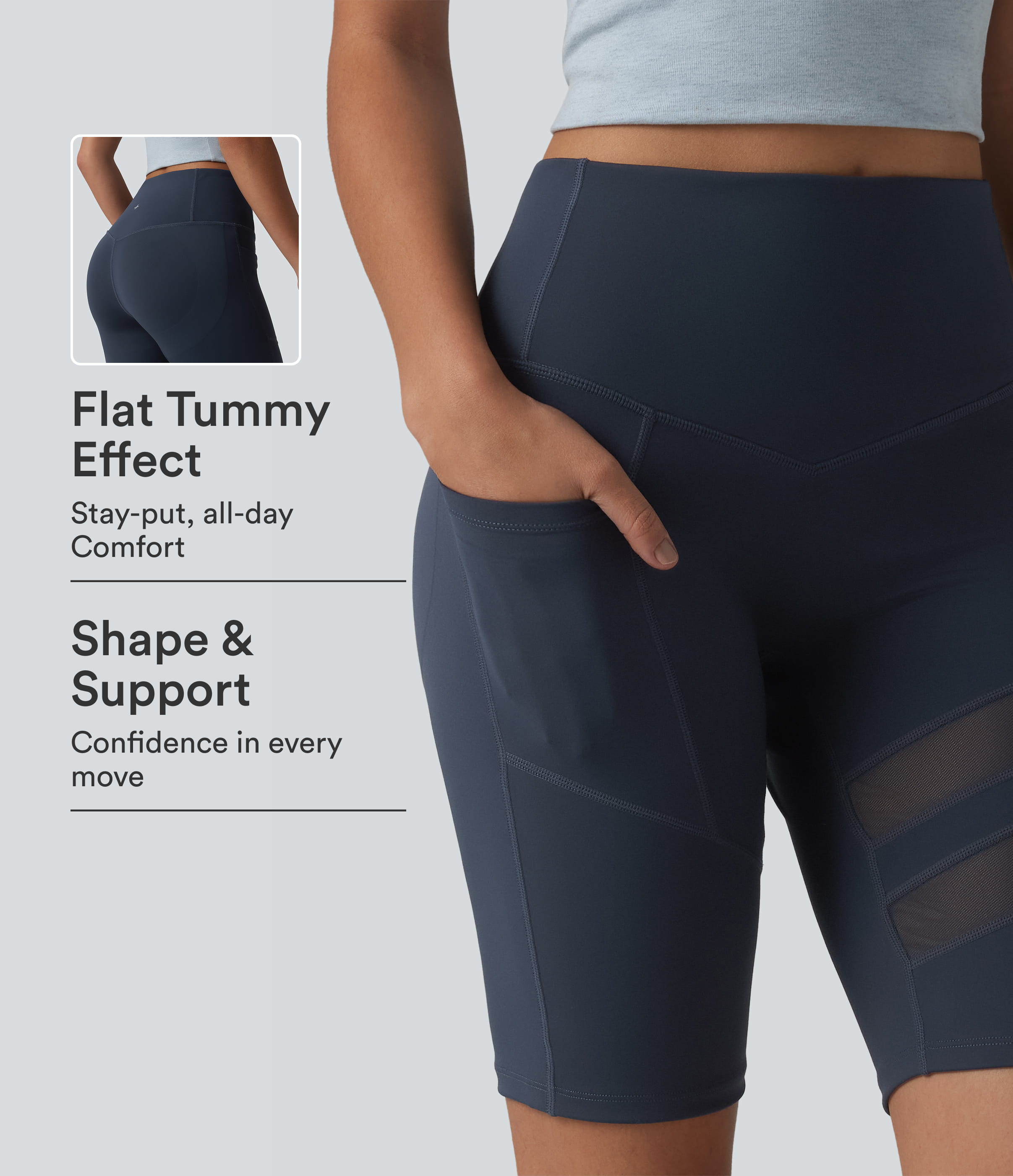 Short cycliste décontracté DayStretch taille haute gainant et push-up avec empiècements contrastés en mesh, 24 cm, poche