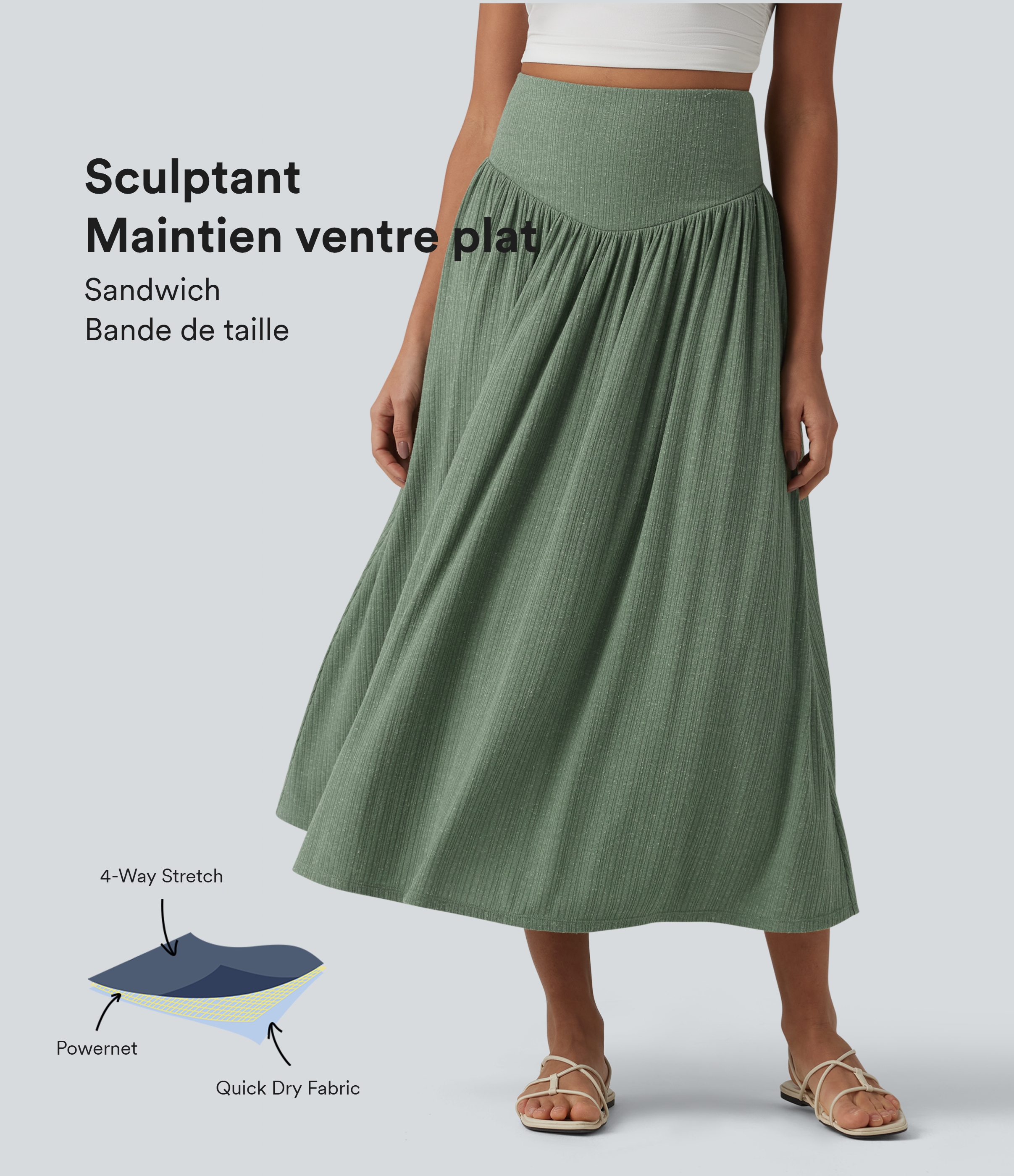 Jupe midi fluide casual taille haute ventre plat en maille côtelée mélange lin