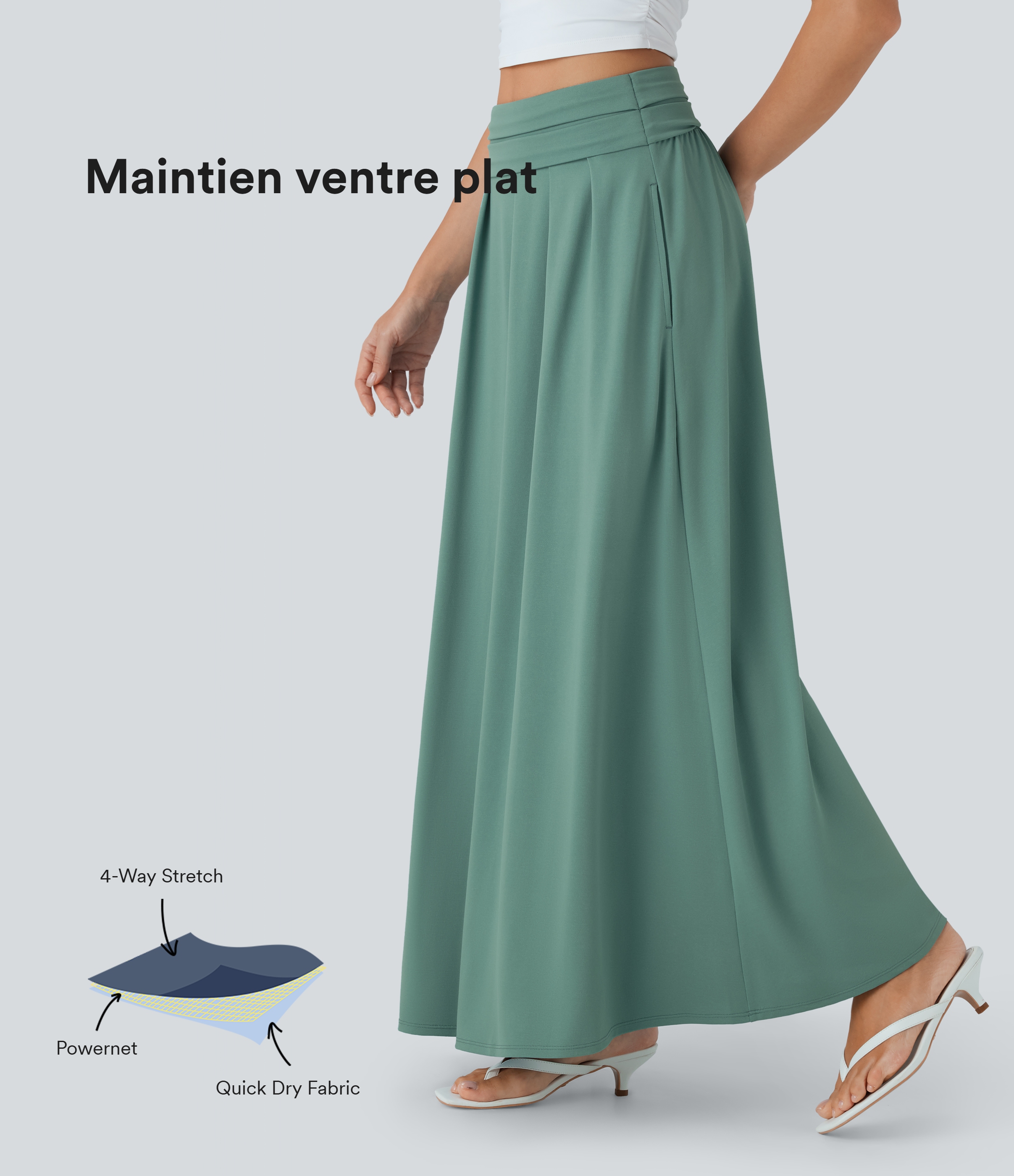 Jupe maxi fluide évasée décontractée gainante taille haute avec poches