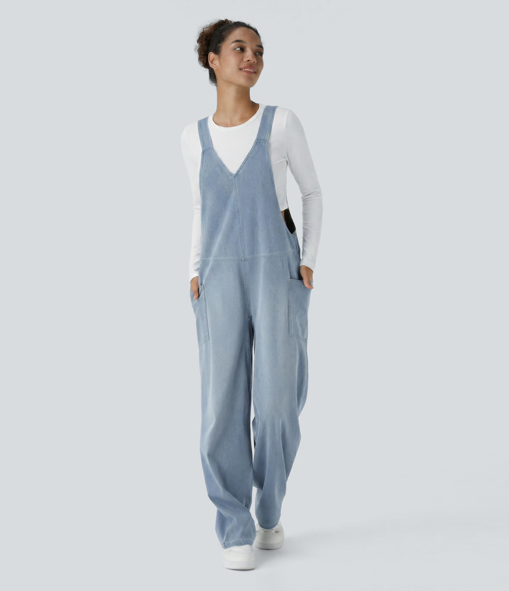 Halara Flex™ V Neck Pocket Washed Denim Casual Women Overalls