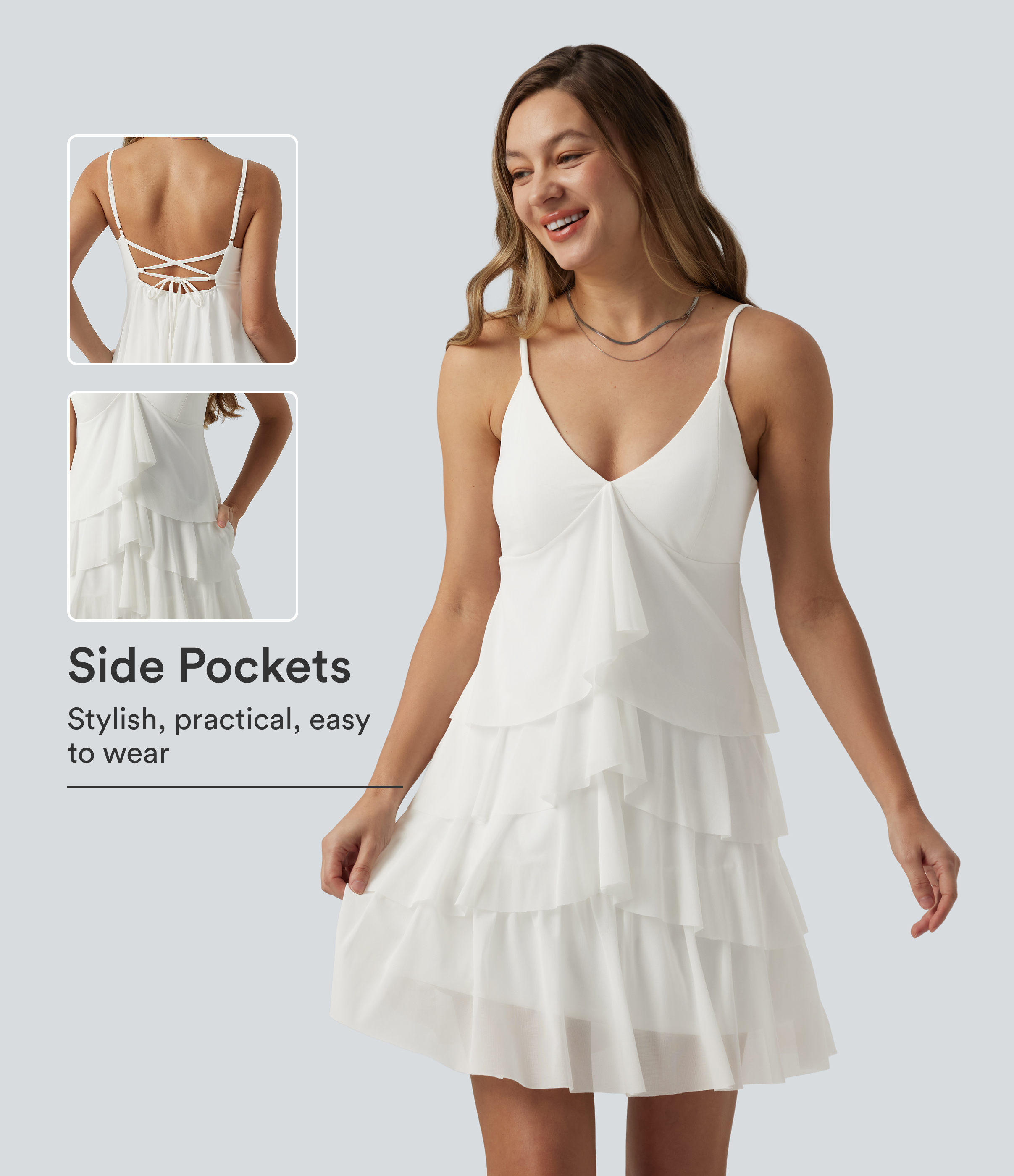 Robe nuisette courte décontractée à volants, dos nu croisé, empiècement en résille, brassière intégrée et poches