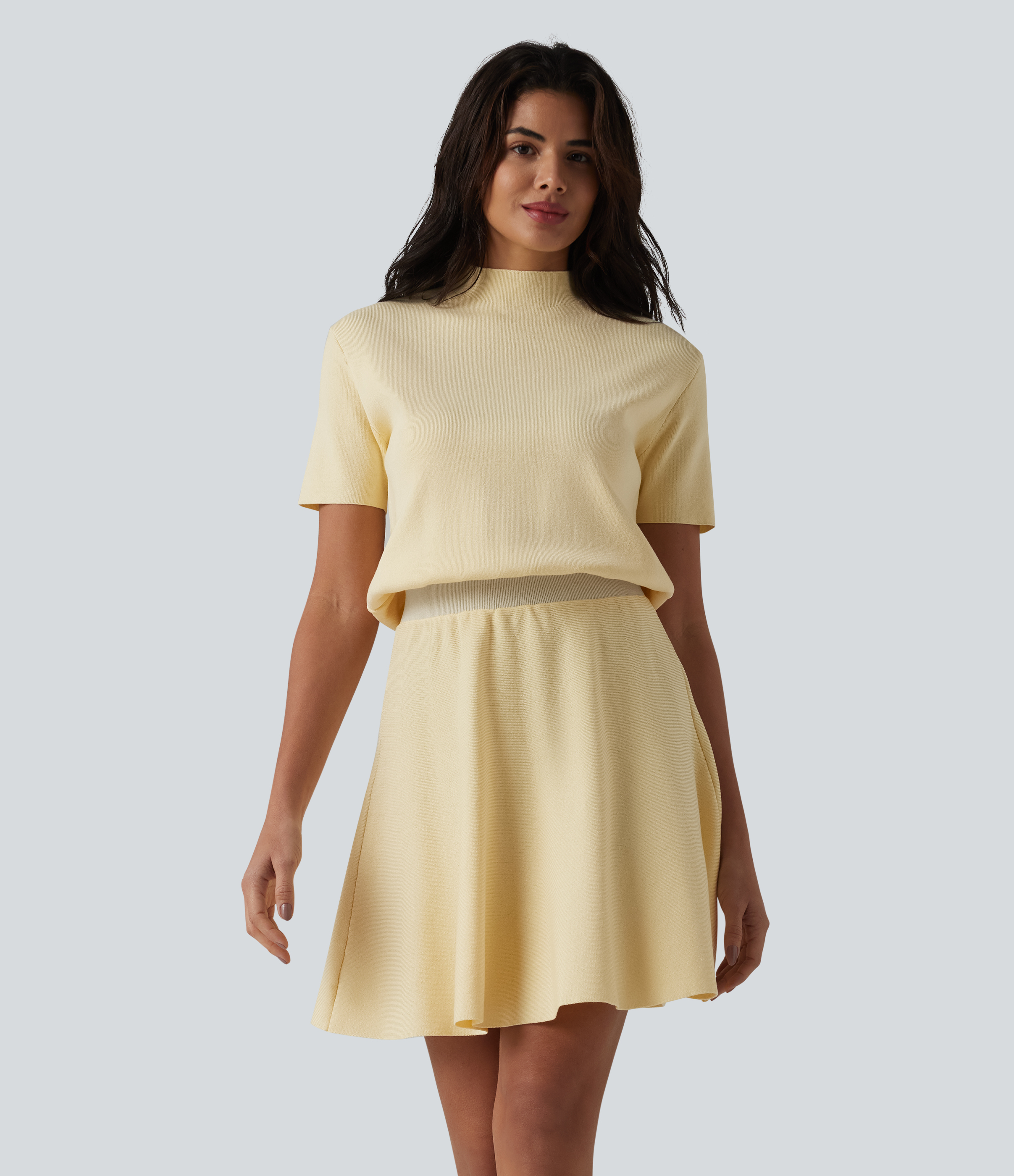Mock-neck Short Sleeve A-line Mini Casual Sweater Dress
