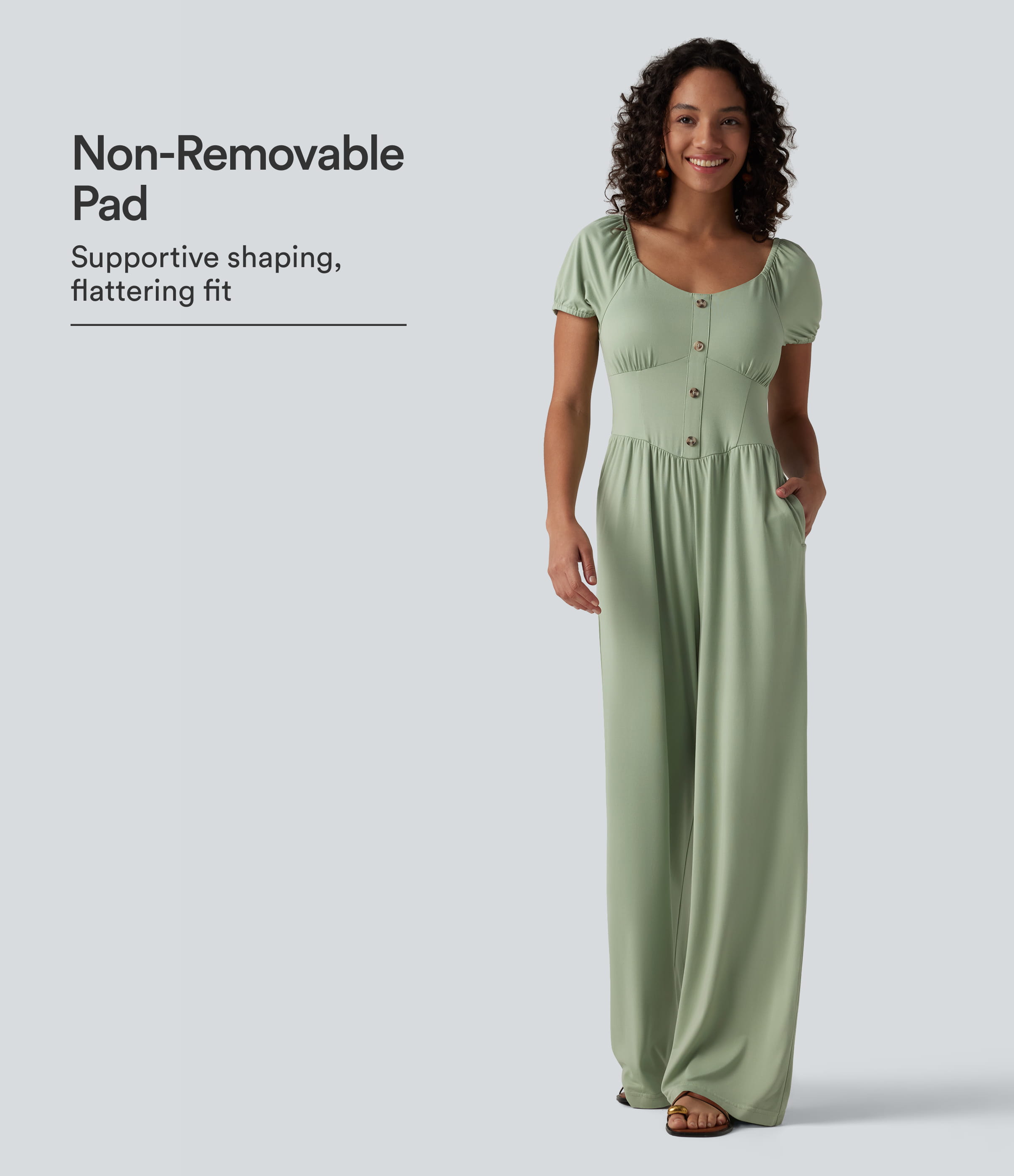 Combinaison-pantalon corset à manches courtes bouffantes et col en V, avec coussinets non amovibles et poches