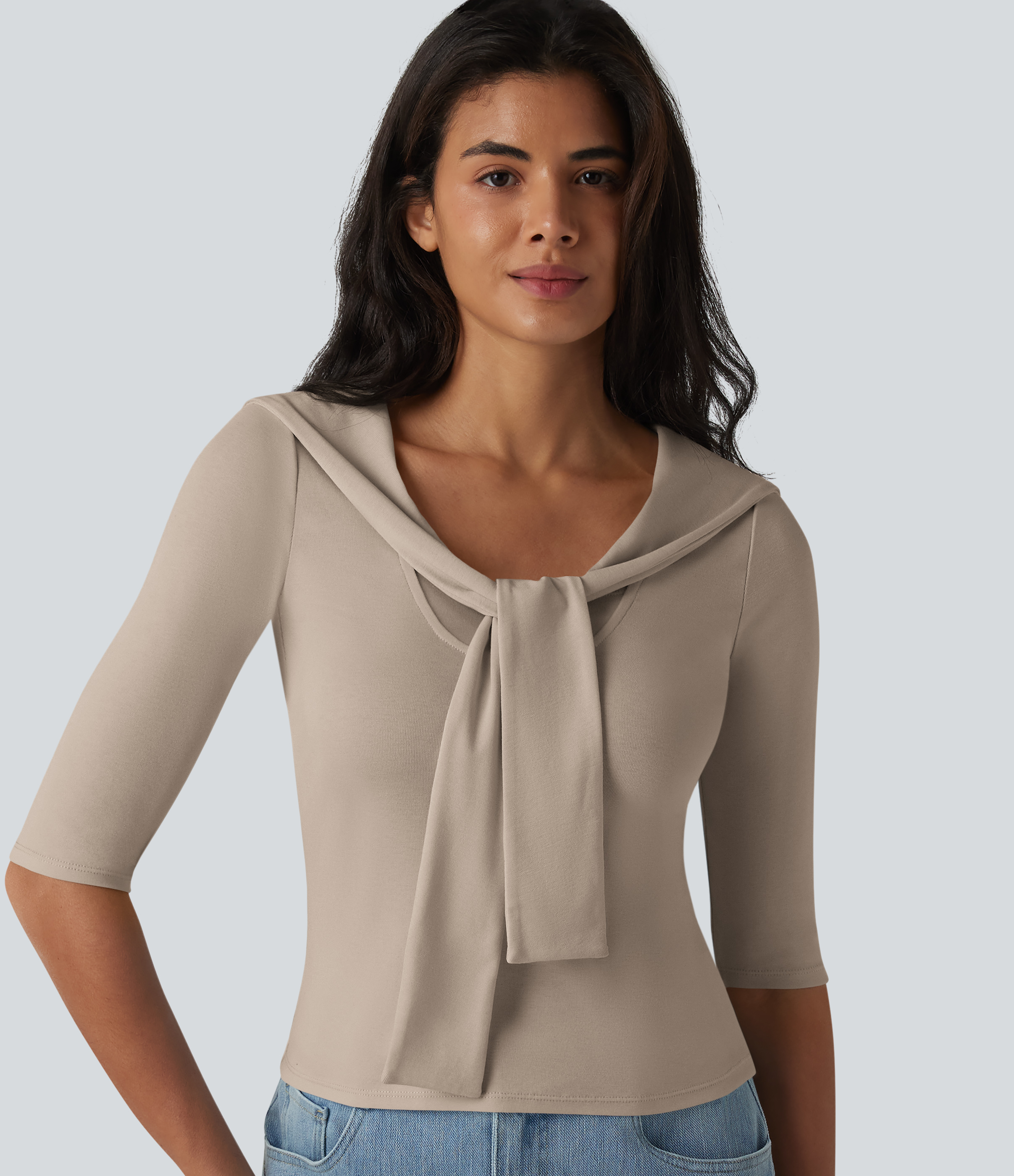 Haut décontracté 2 en 1 en lyocell à col V, manches mi-longues et nœud