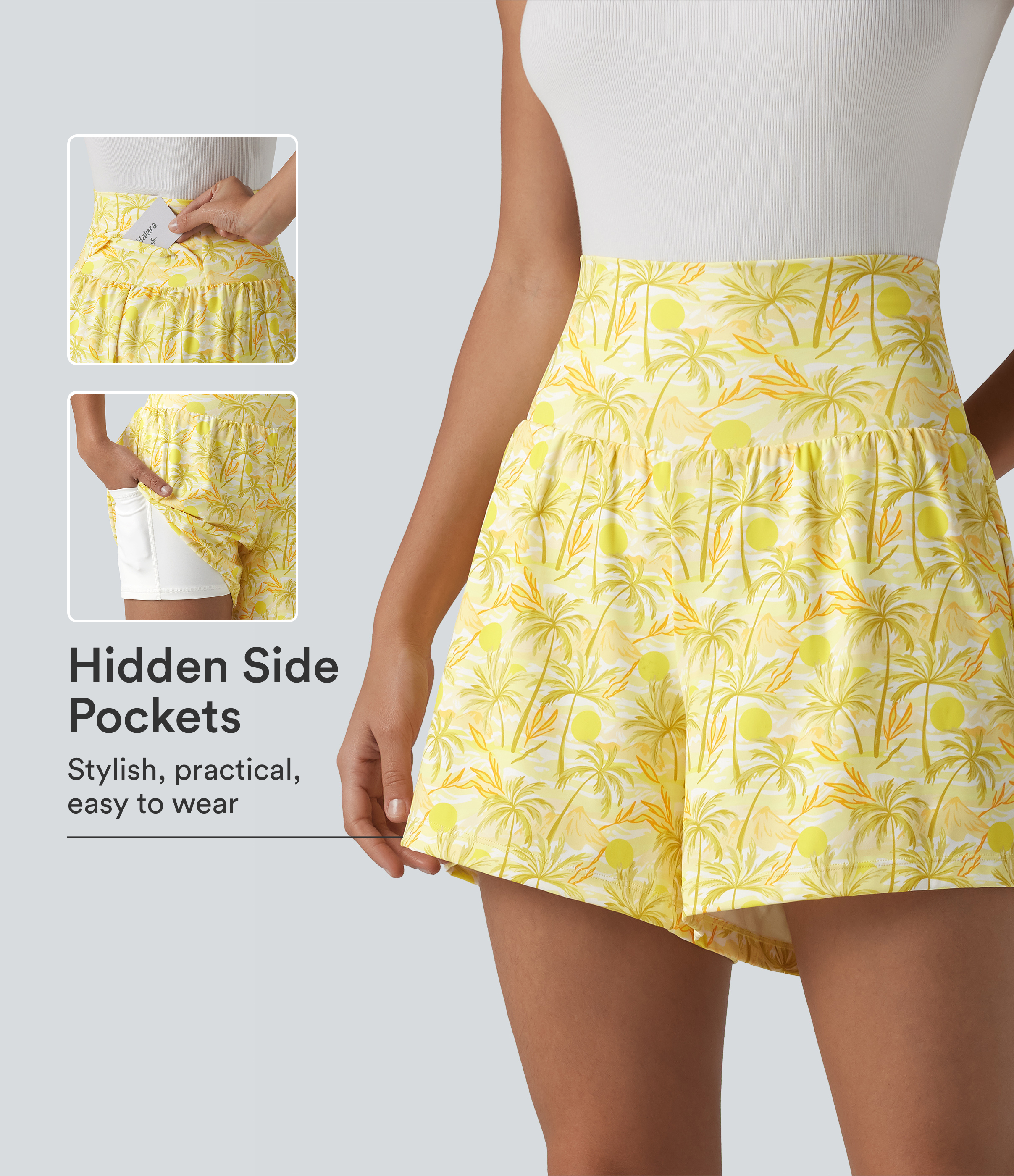 Short hawaïen 2 en 1 taille haute 12,5 cm avec poches