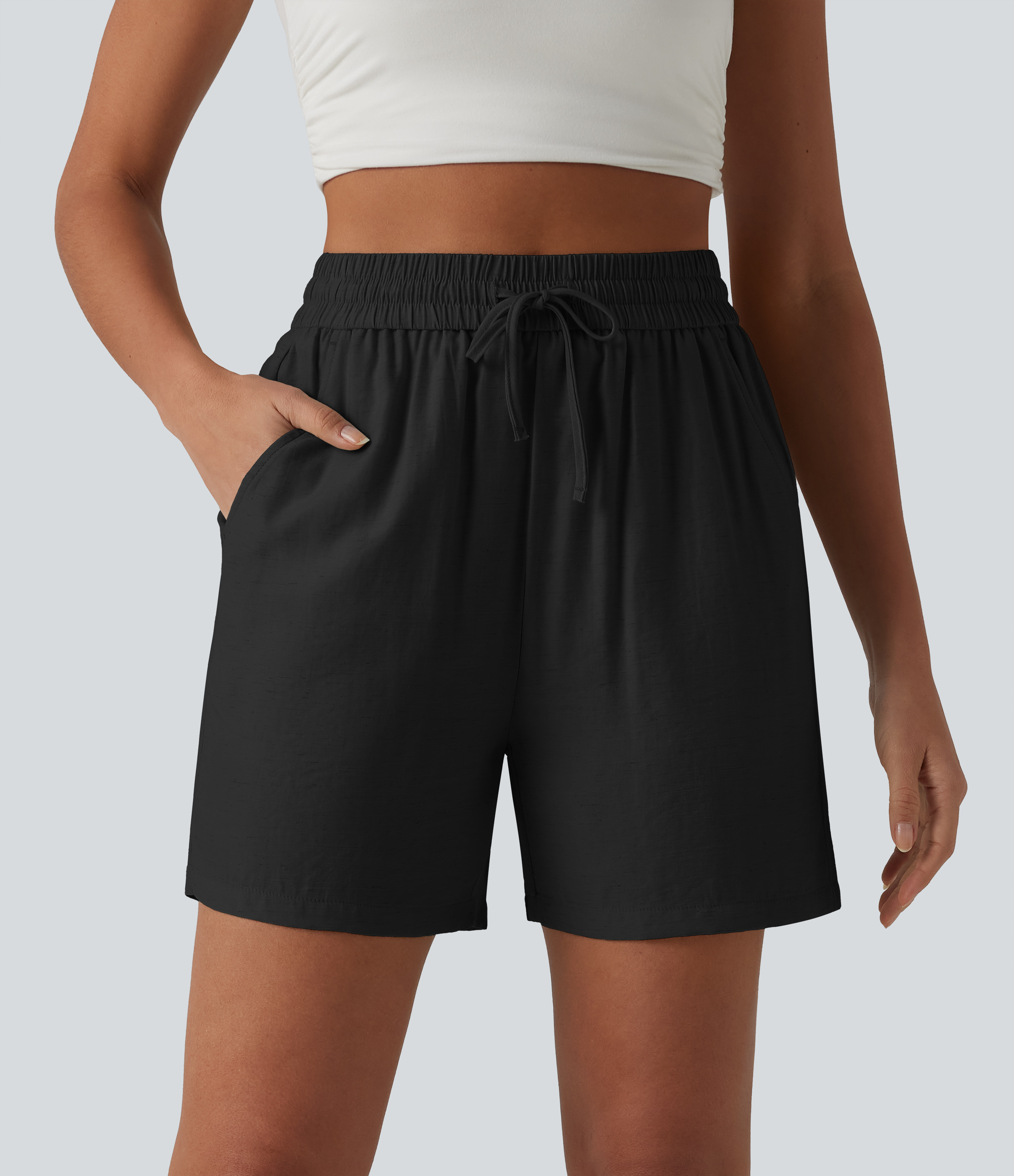 Lässige Baggy-Shorts aus Leinenmischung mit hohem Bund, Seitentaschen und Kordelzug - 12,7 cm