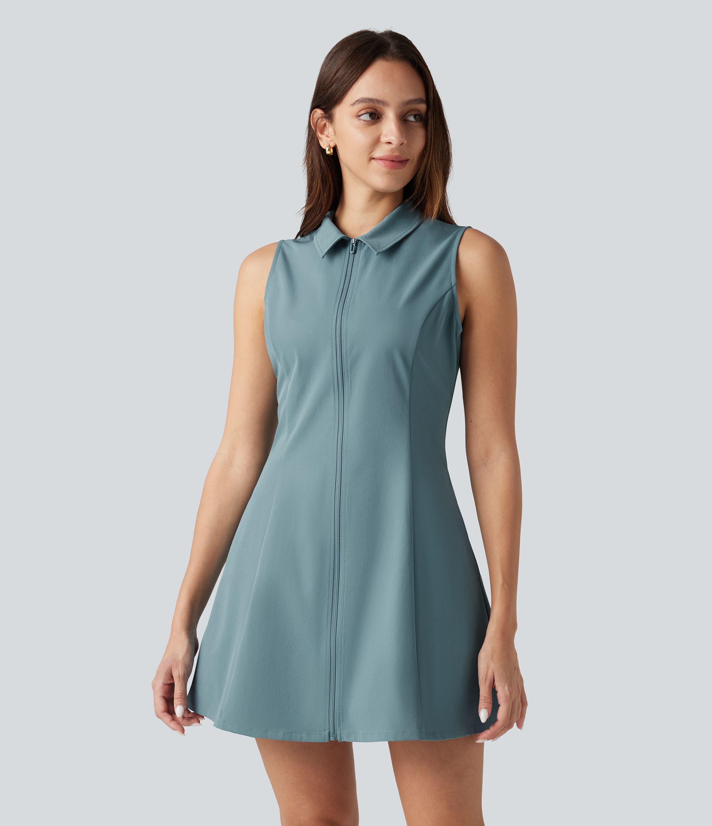 Robe courte décontractée sans manches en popeline extensible avec poches