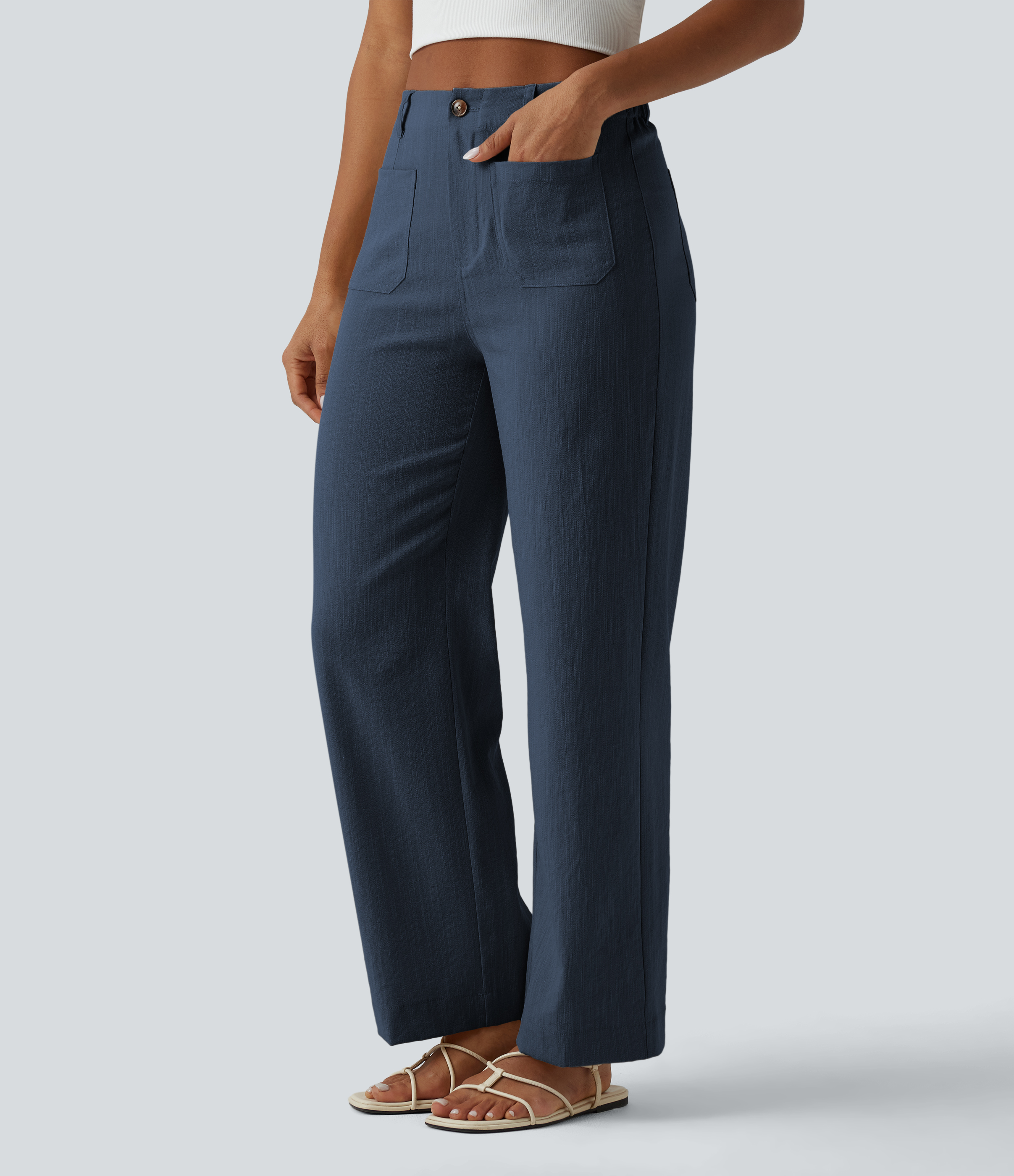 Pantalon taille haute coupe droite effet lin avec poches