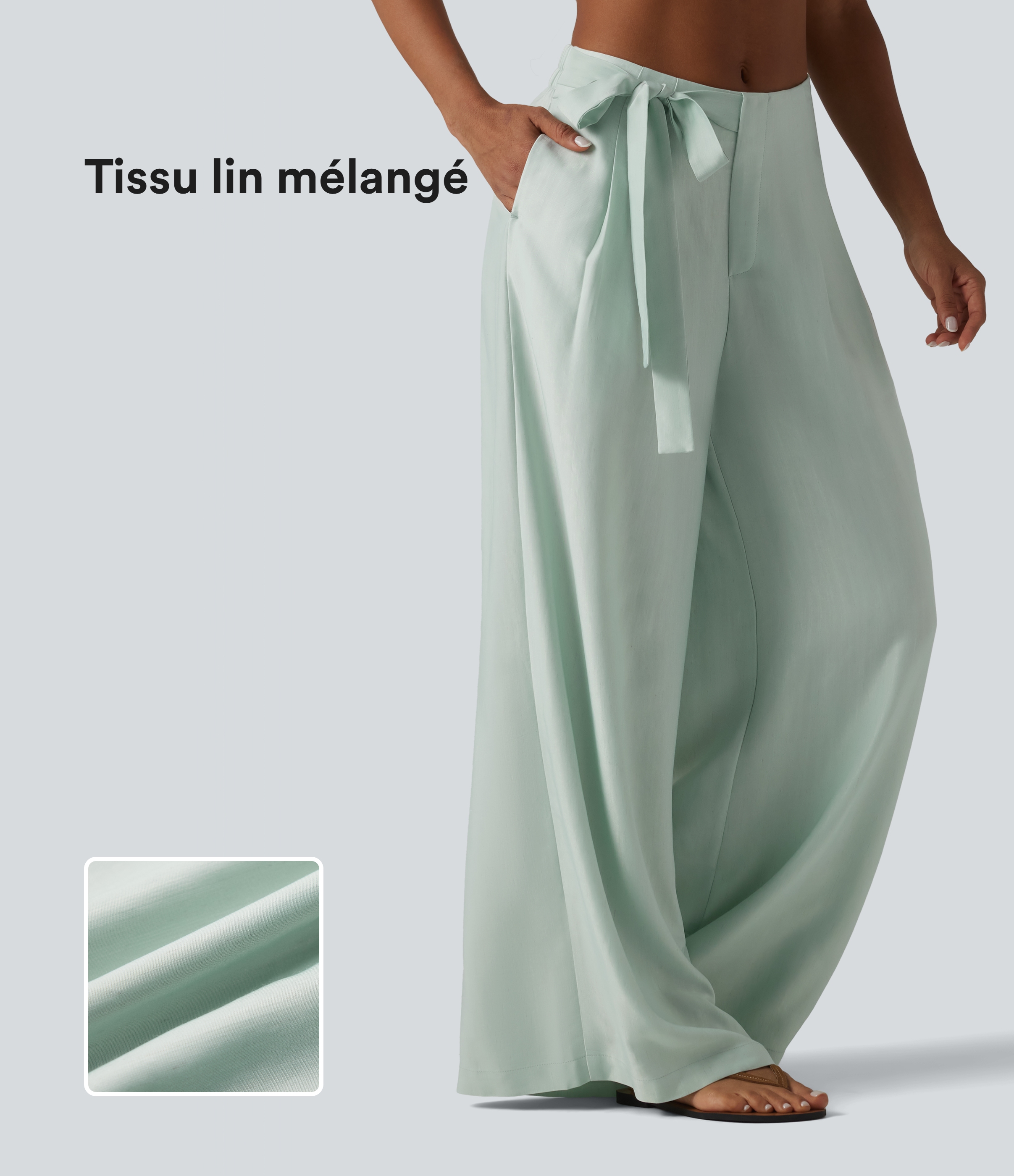 Pantalon large fluide taille haute en lin mélangé avec poches et liens latéraux