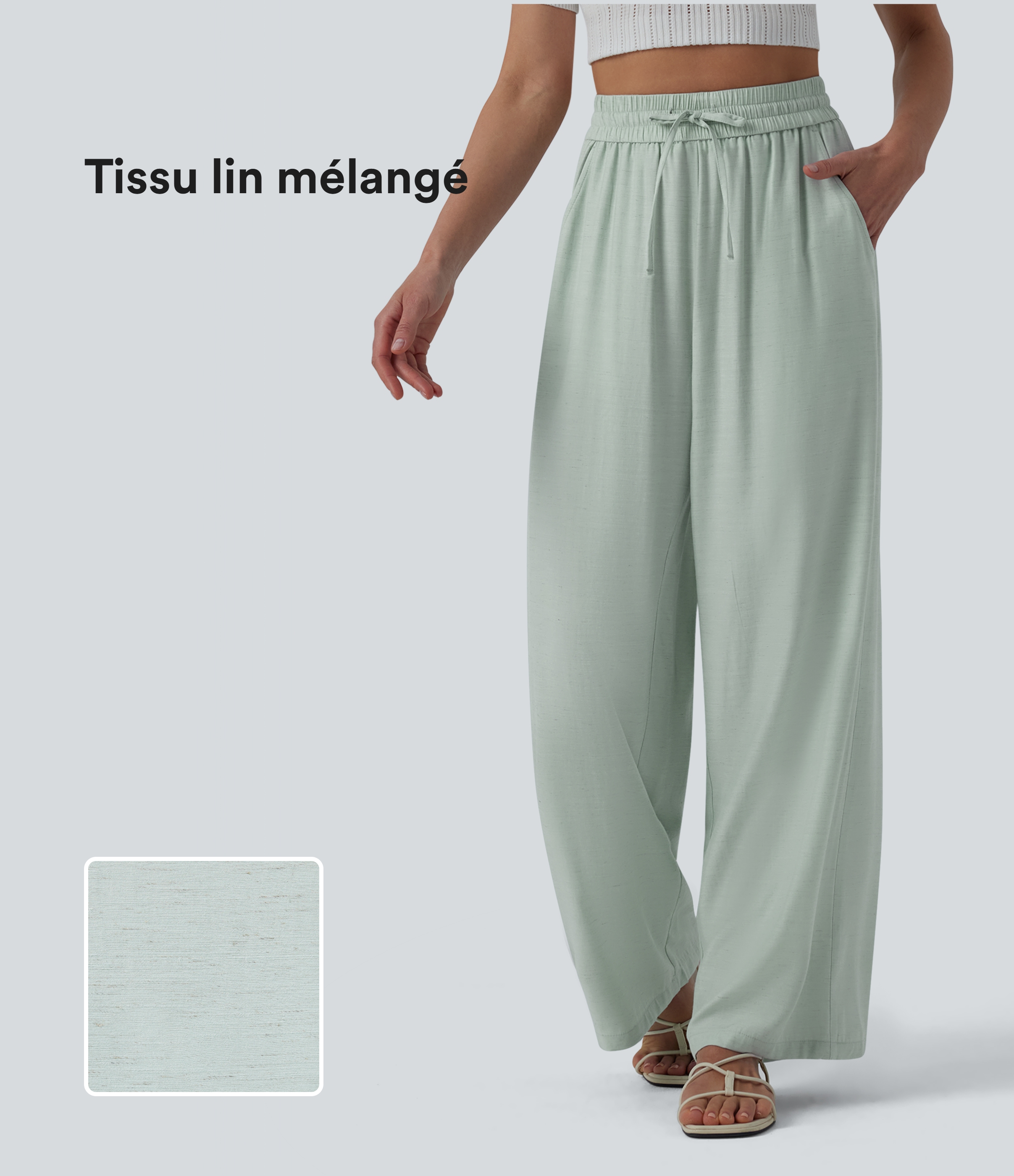 Pantalon casual large mélange lin taille haute avec cordon de serrage et poches