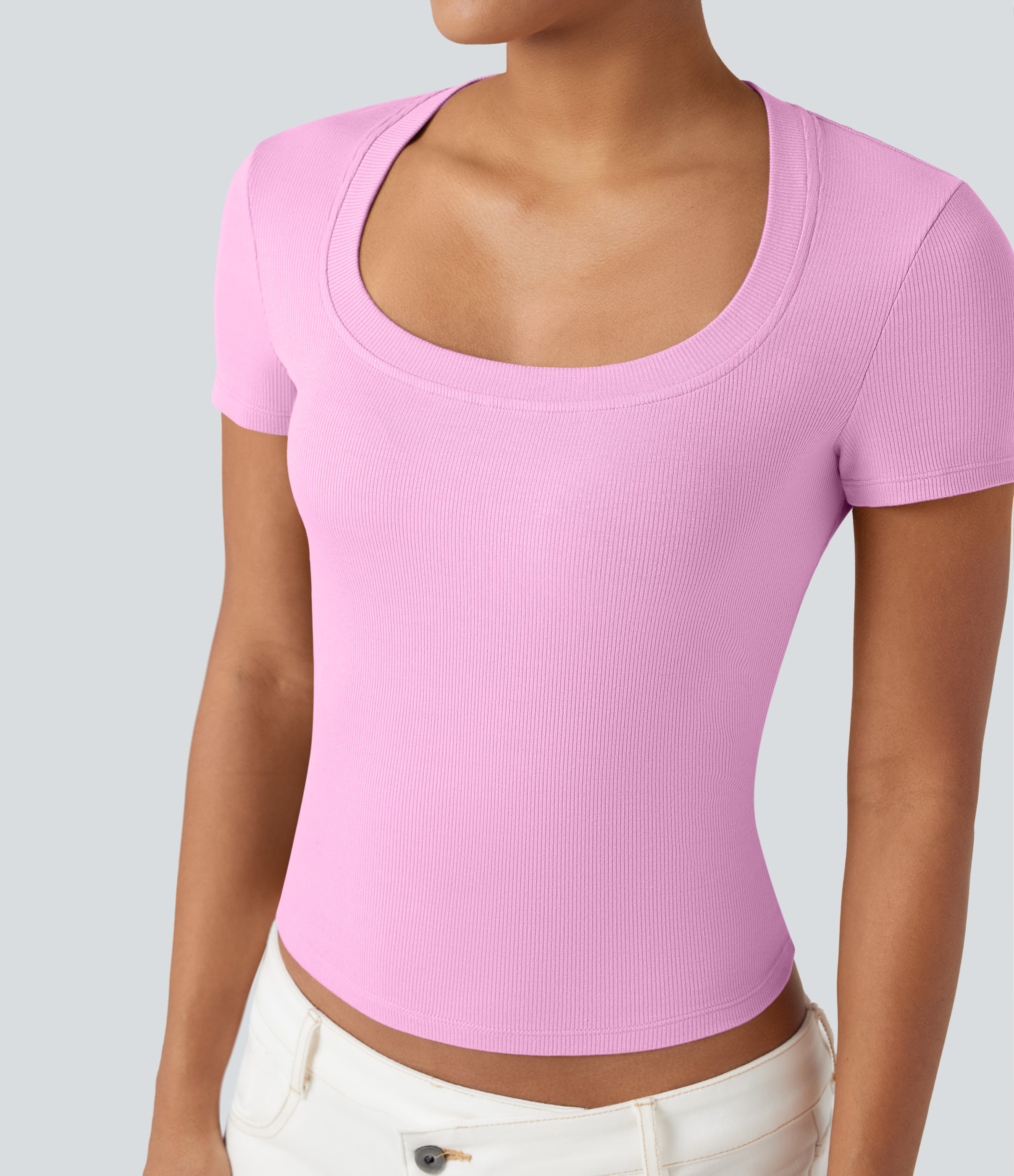 Ribbed Knit Short Sleeve Casual T-Shirt