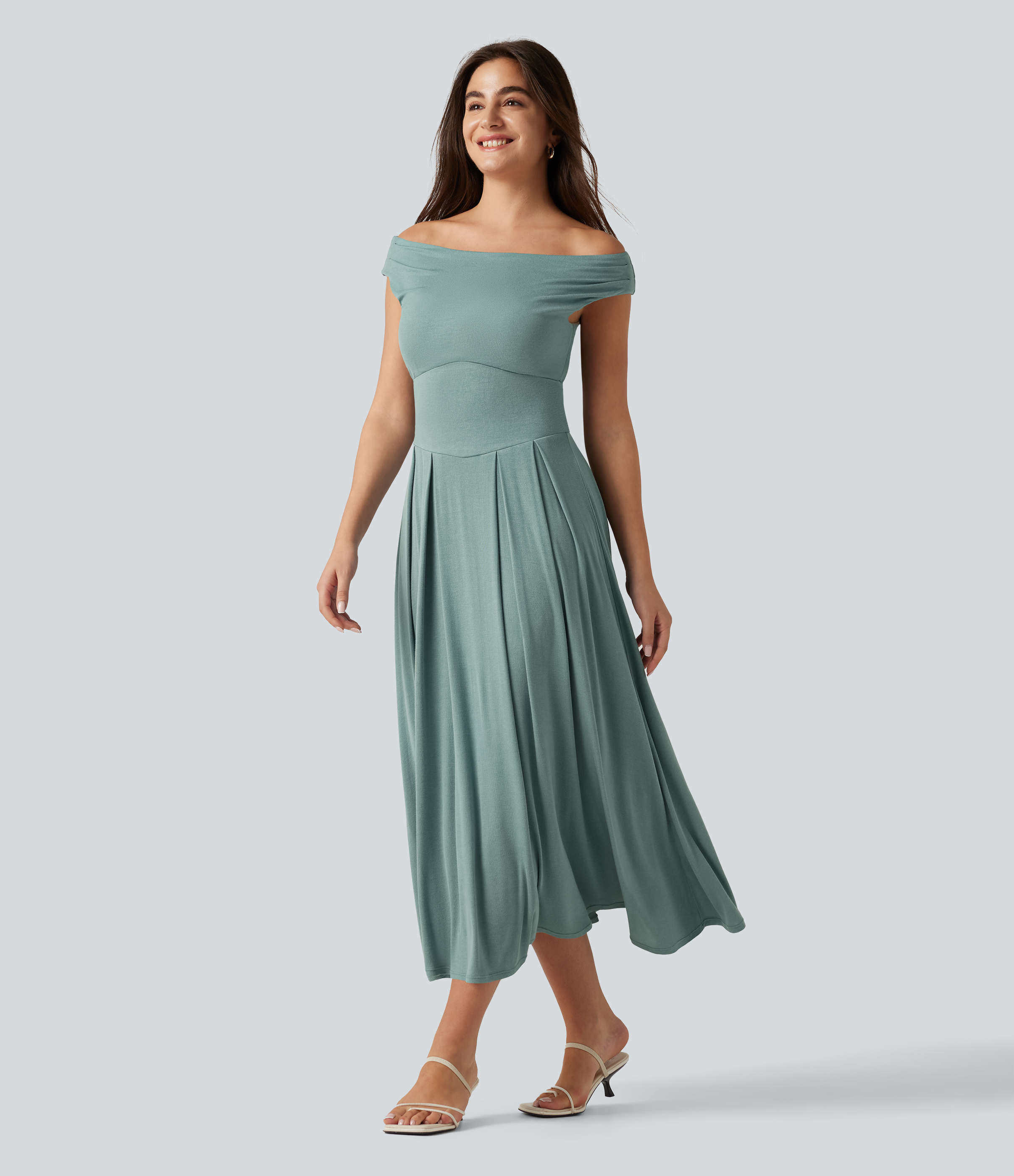 Vestido midi acanalado con hombros descubiertos, efecto control abdominal, casual y fluido