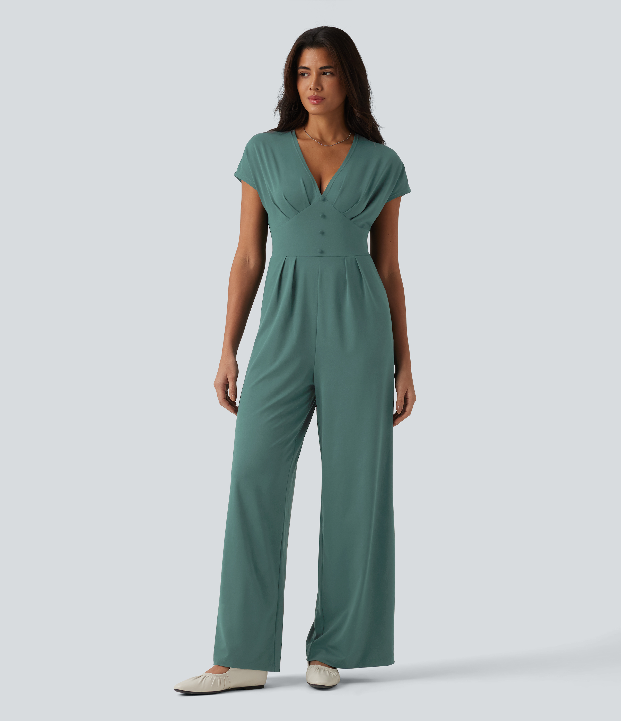 V Neck Short Sleeve Wide Leg Casual Jumpsuit with Pockets-Easy Peezy Edition