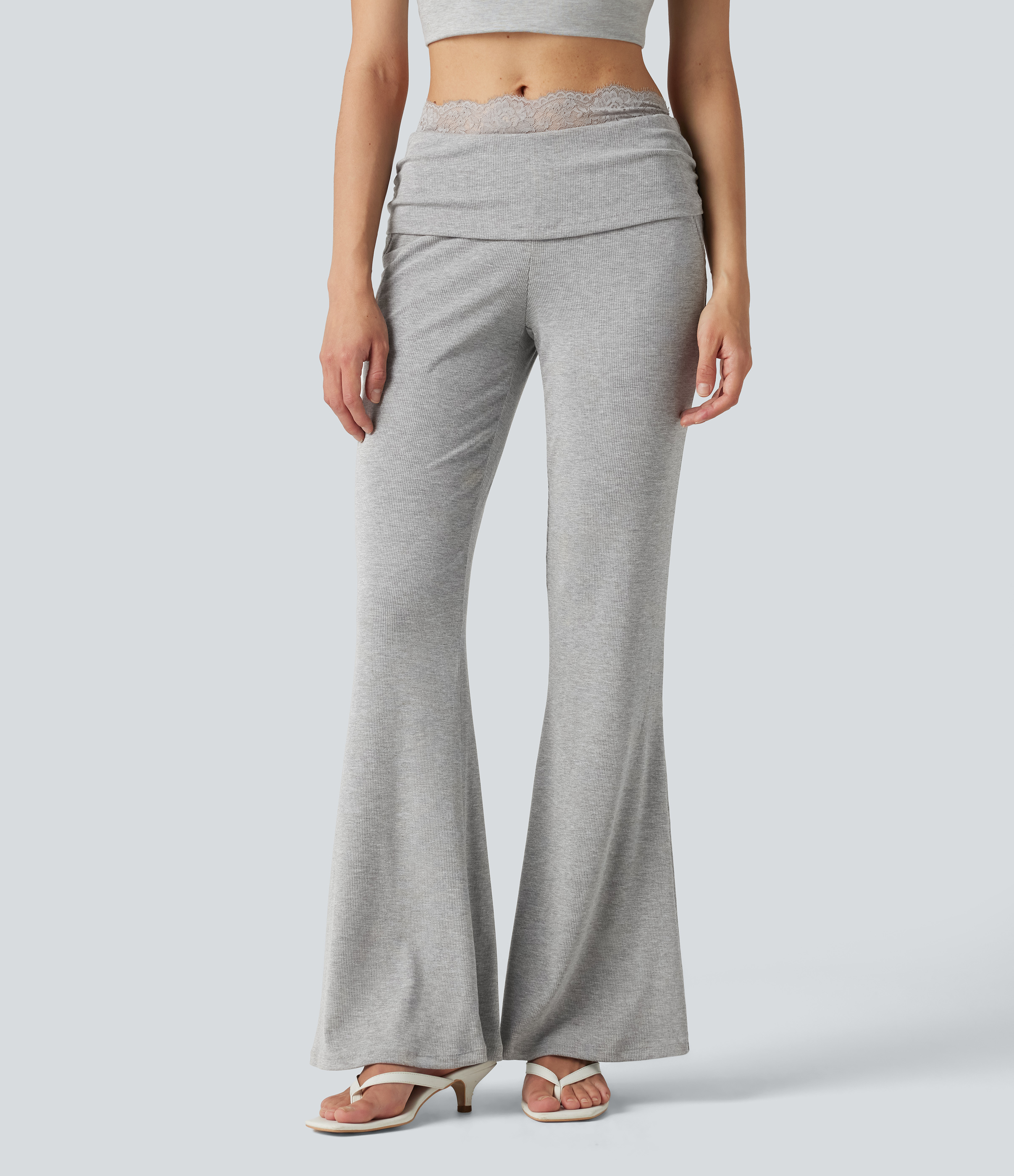 Fog Gray High Stretch Ribbed Knit Lace Mid Rise Flare Casual Trousers with Pockets / 1