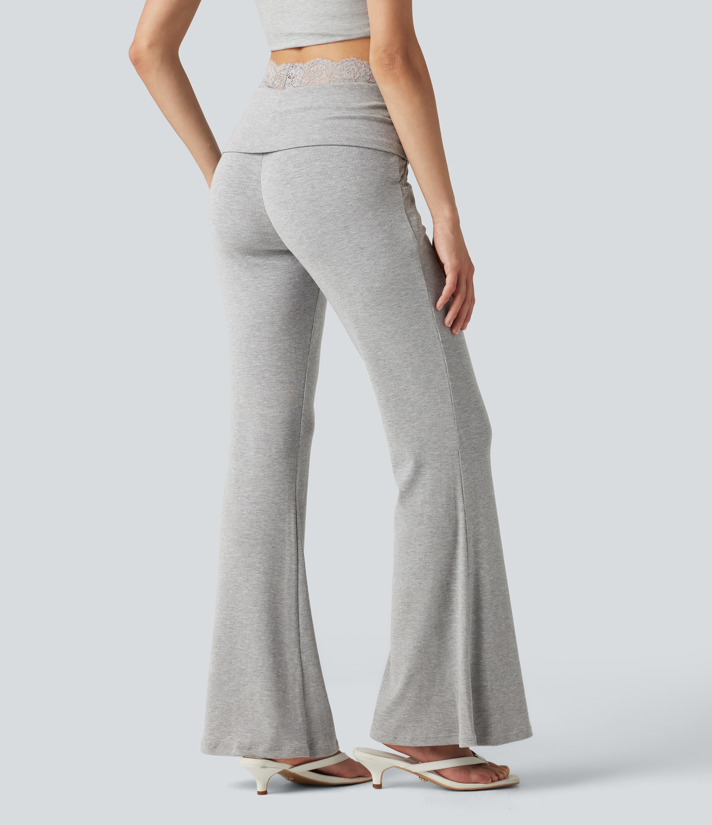 Fog Gray High Stretch Ribbed Knit Lace Mid Rise Flare Casual Trousers with Pockets / 2