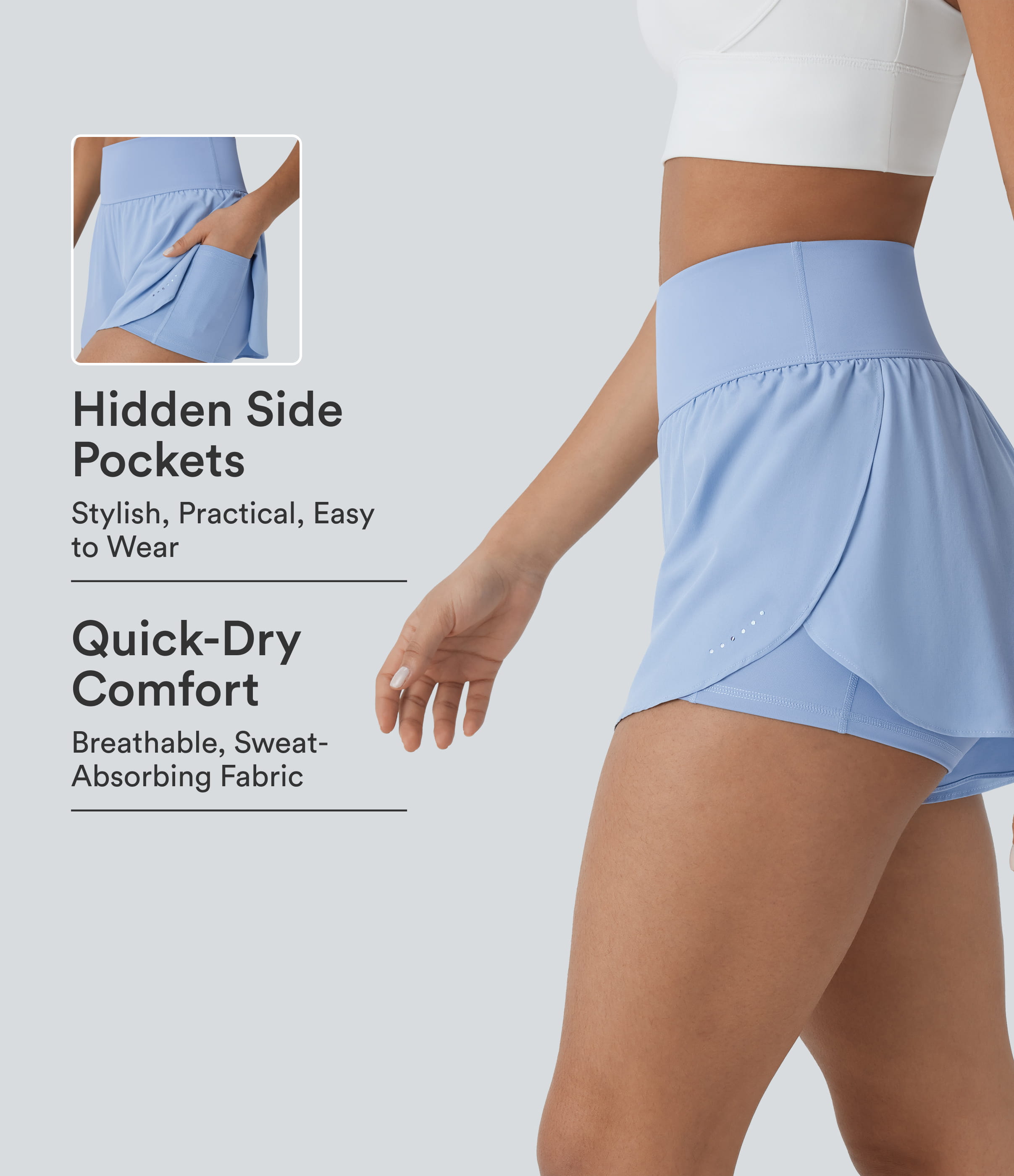 SoftlyZero™ QuickDry High Waisted Tummy Control Reflective Dots Crossover Hem 2-in-1 Running Shorts 3'' with Pockets