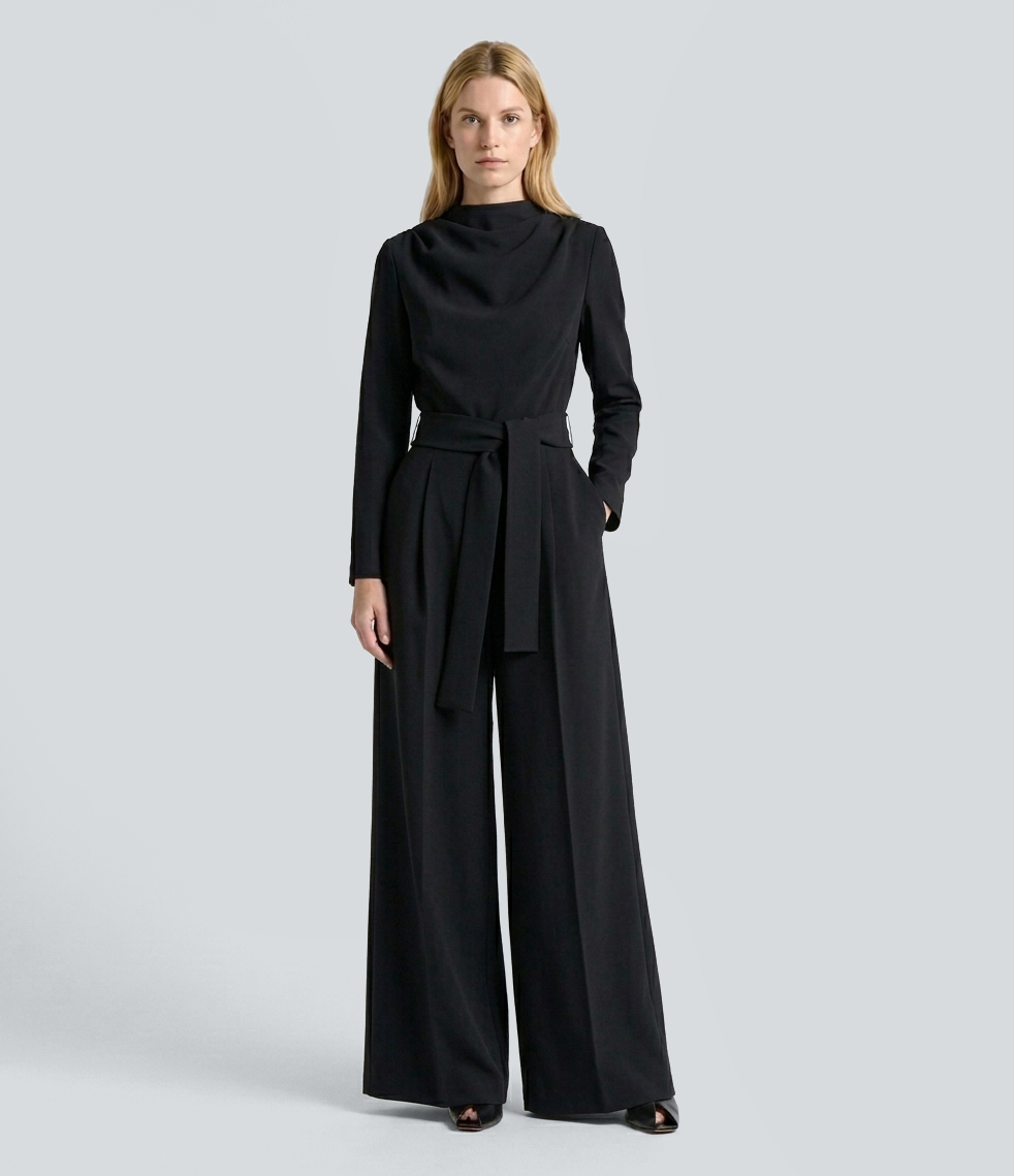 Mock Neck Long Sleeve Belted Work Jumpsuit