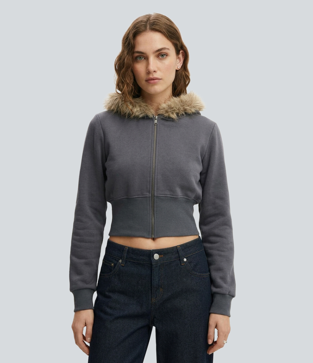 Hooded Contrast Faux Fur Zip Fly Cropped Casual Coat