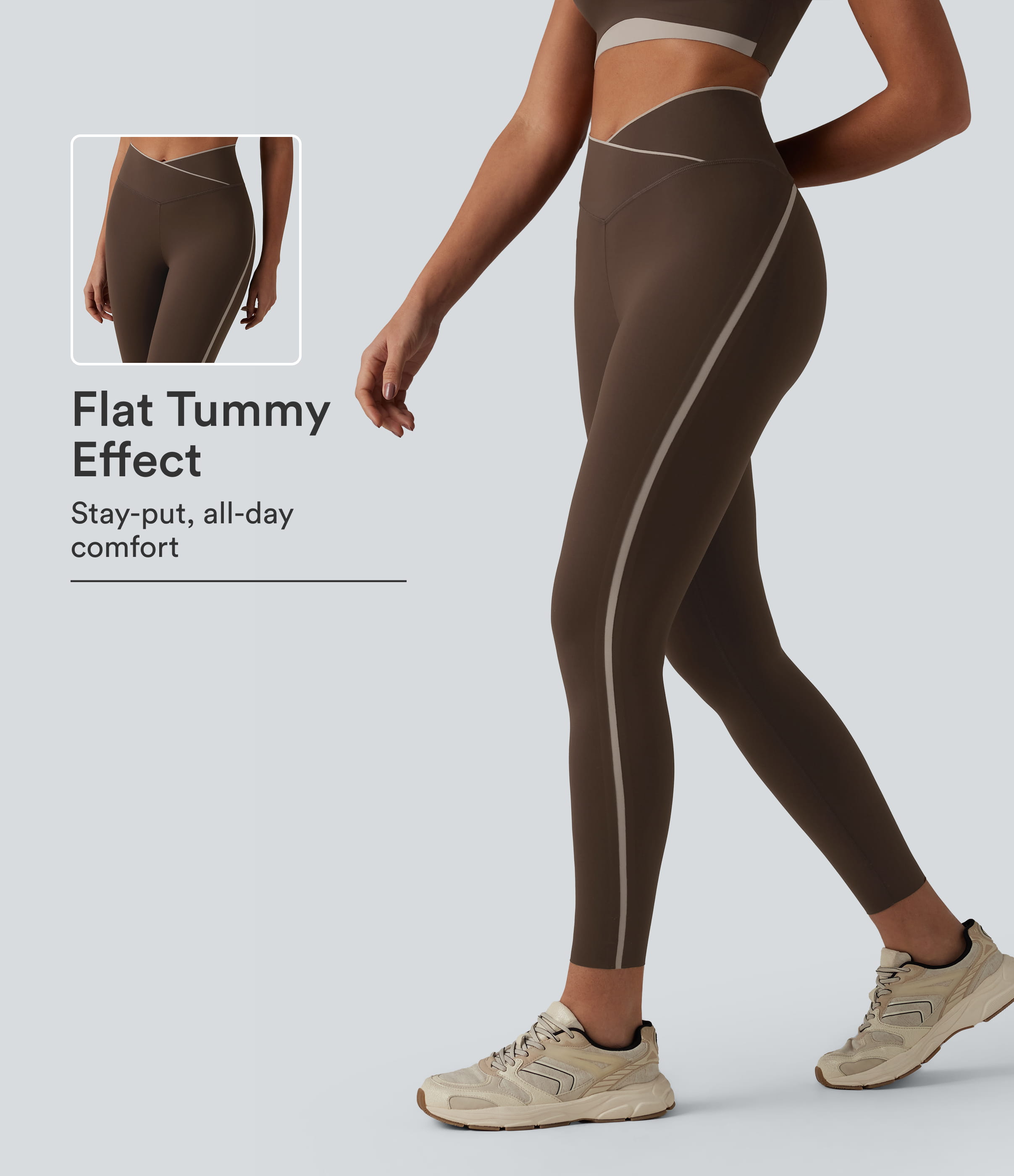 High Waisted Crossover Tummy Control Color Block Hiking Leggings with Pocket