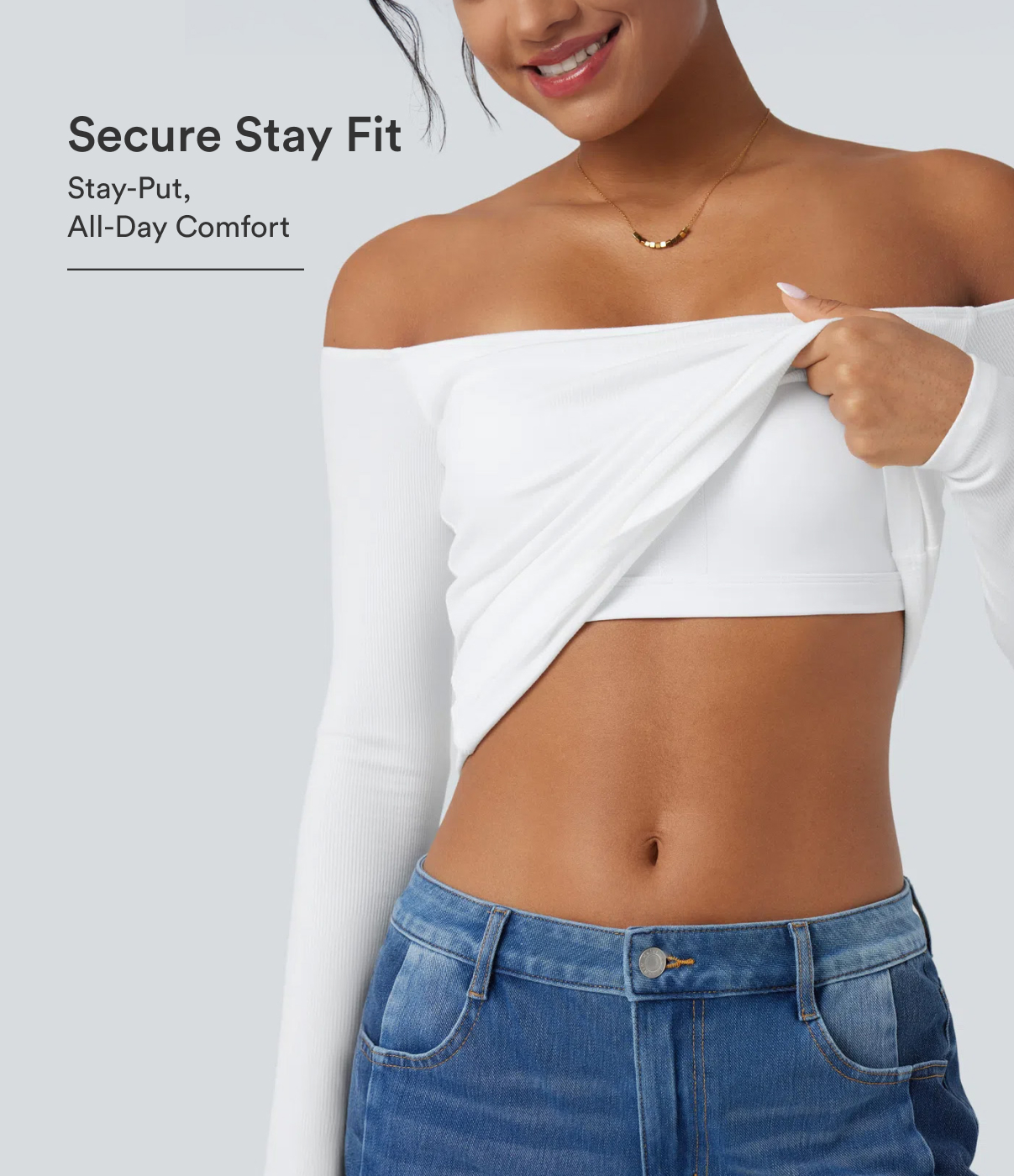 Ribbed Knit Off Shoulder Long Sleeve 2-in-1 Casual Top