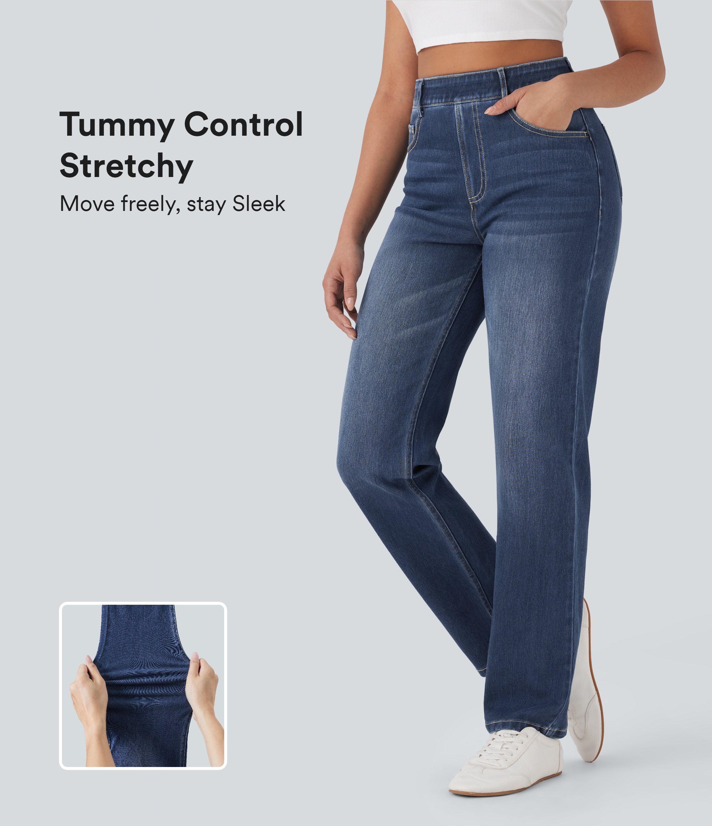 Halara Flex™ High Waisted Tummy Control Pockets Straight Leg Washed Casual Jeans