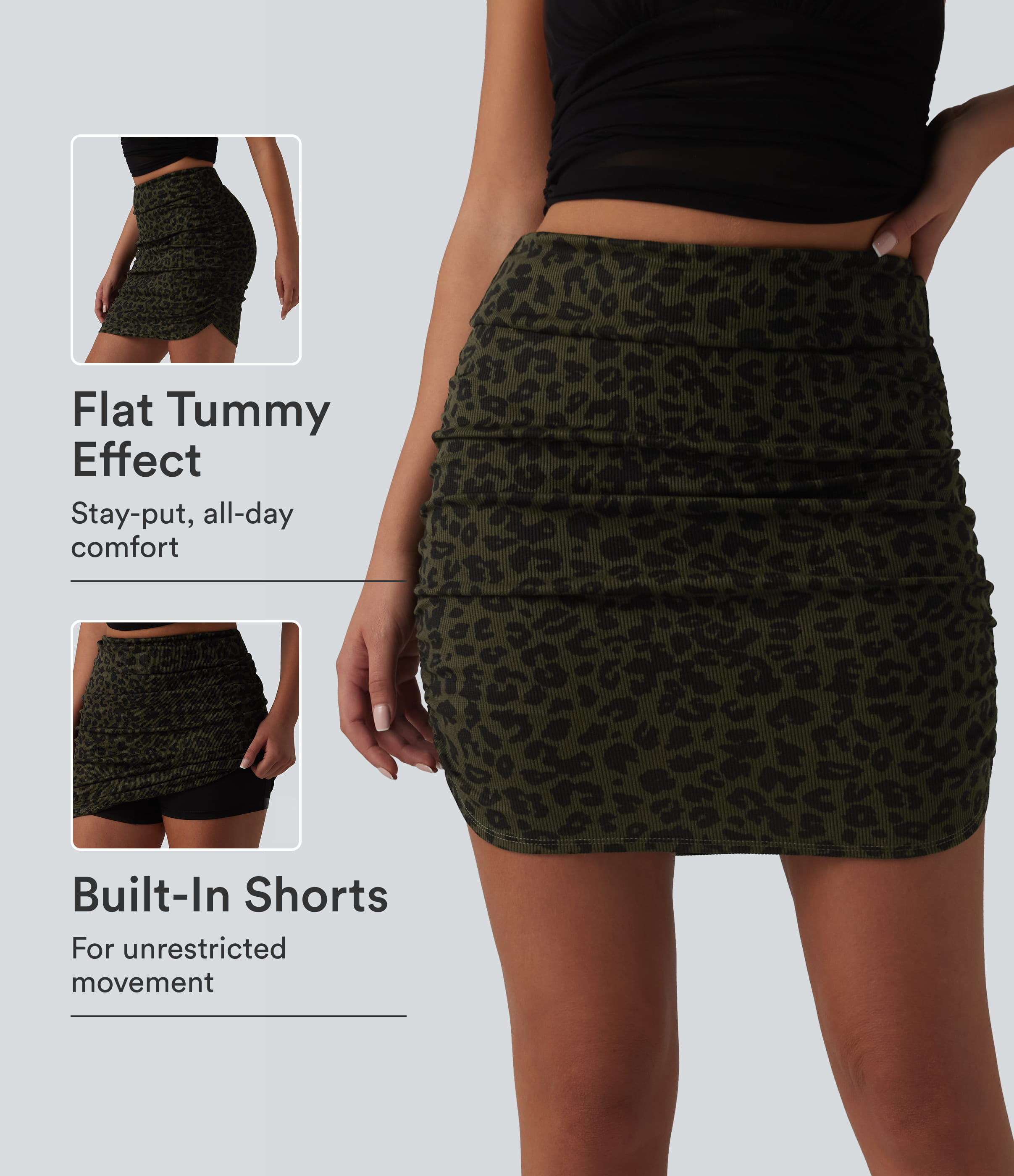 Jupe mini moulante décontractée 2 en 1 à imprimé léopard, taille haute, effet ventre plat et ourlet arrondi froncé