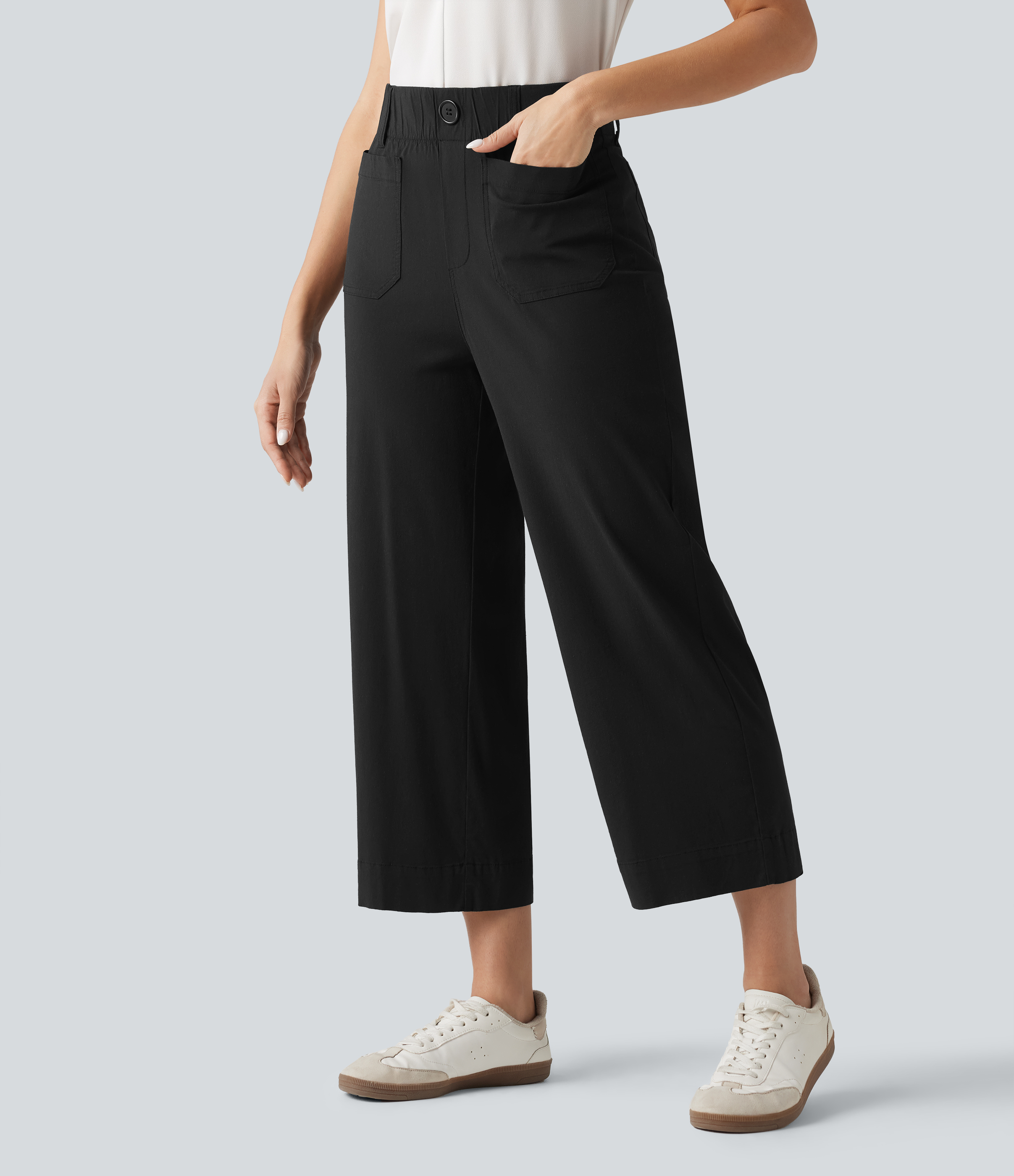 High Waisted Wide Leg Cropped Casual Stretch Linen Pants with Pockets