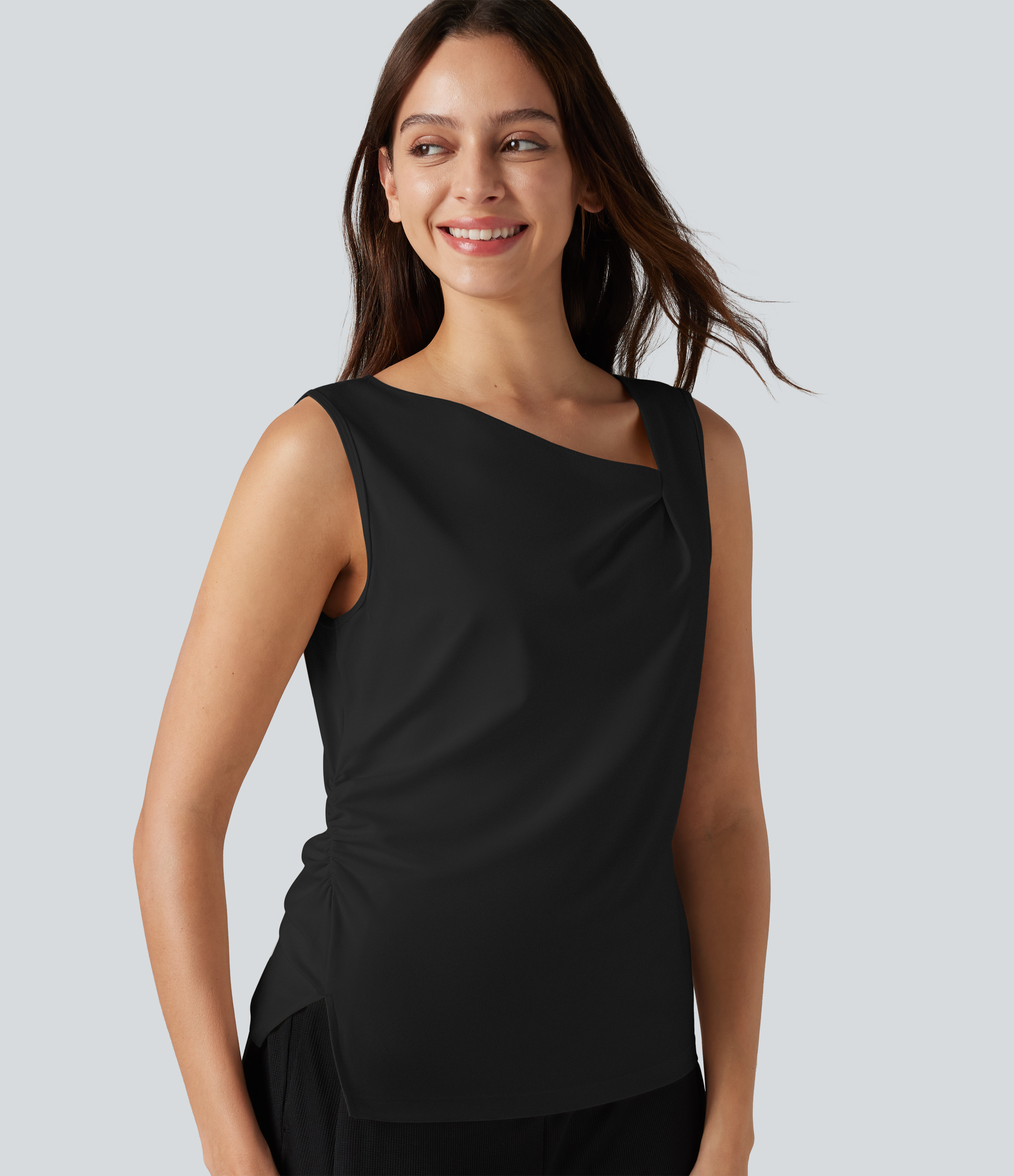 Asymmetric Cowl Neck Sleeveless Ruched Split Hem Work Top