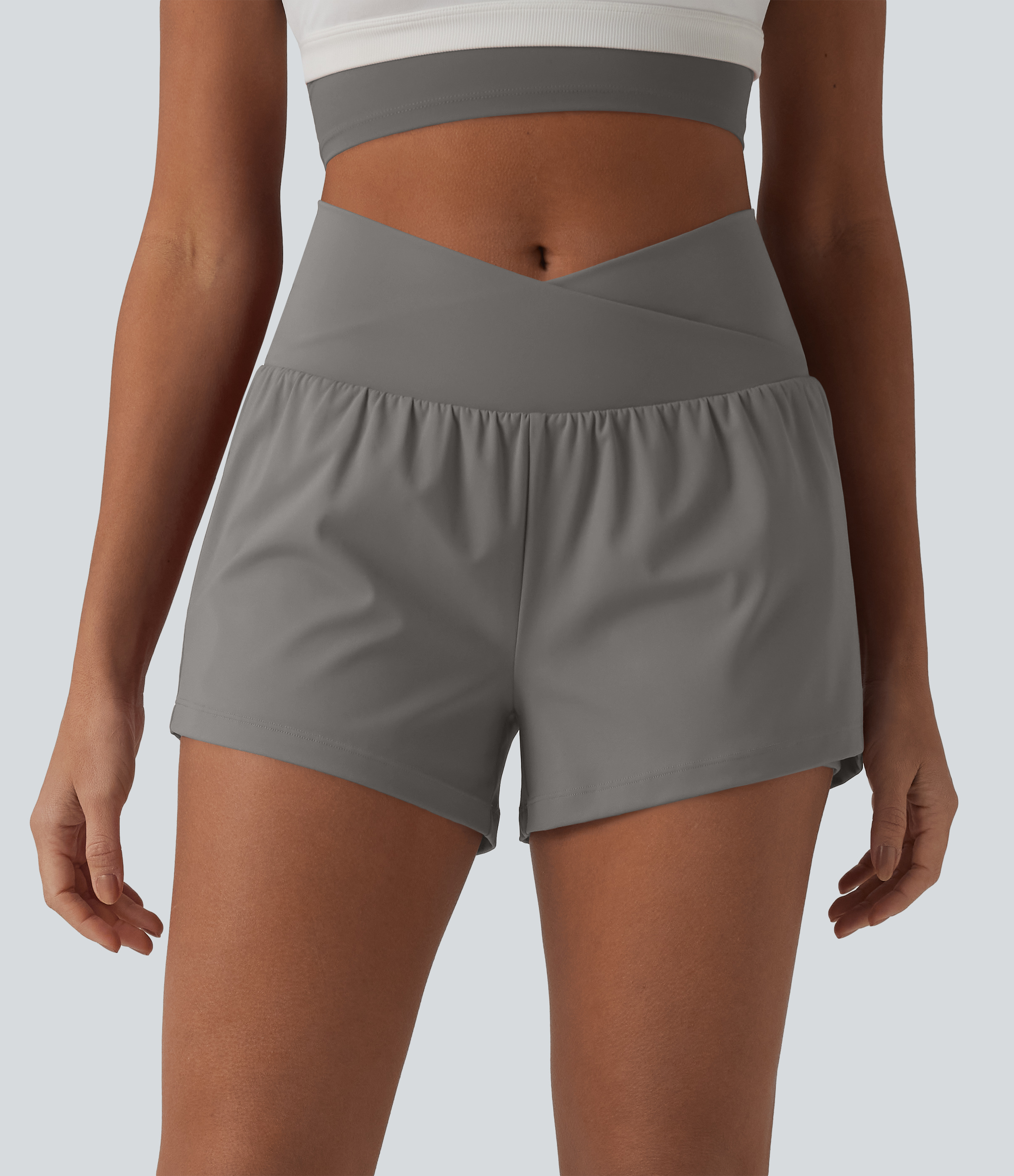SoftlyZero™ Airy Crossover High Waisted 2-in-1 Cool Touch Yoga Shorts 3'' with Pockets