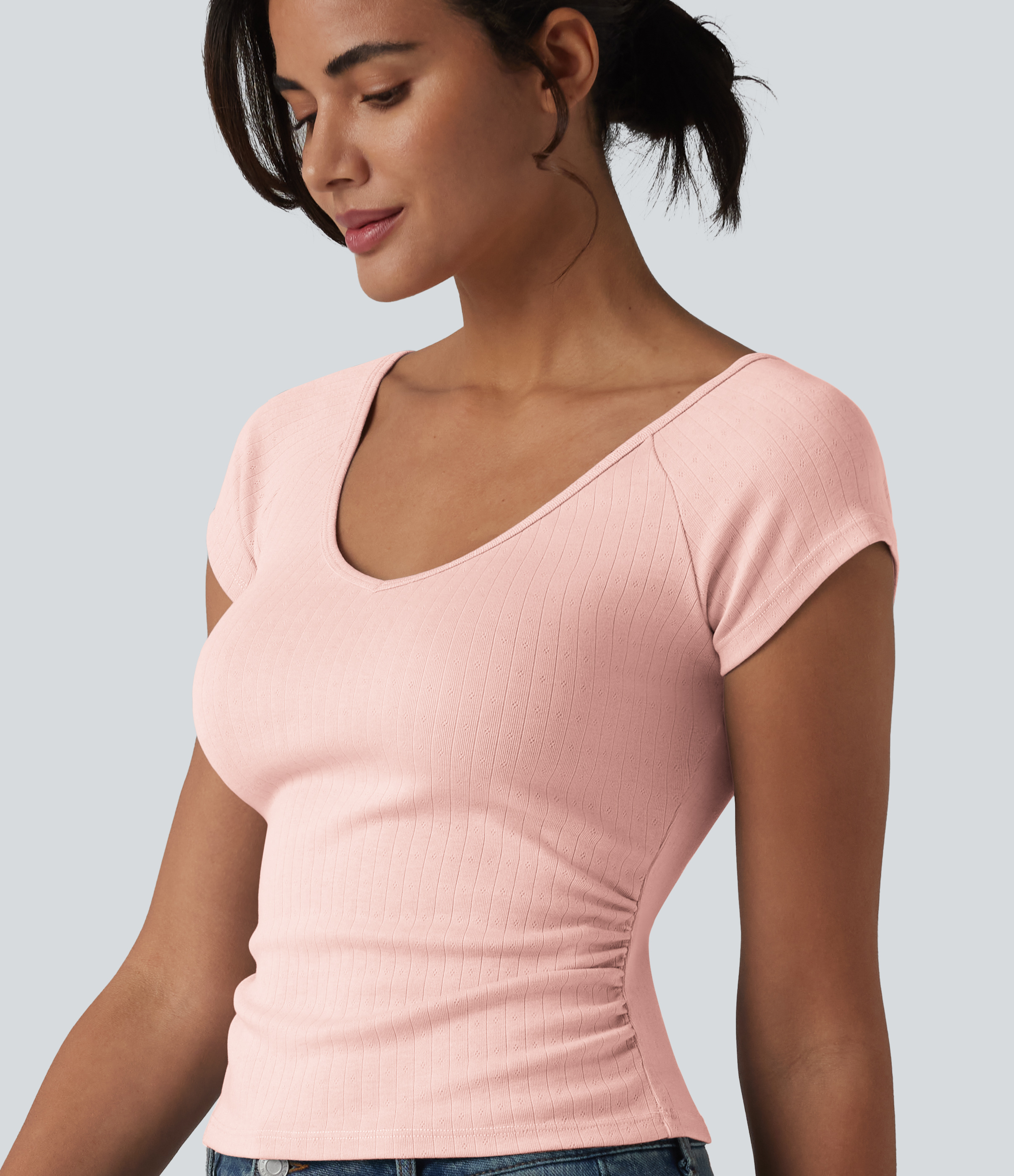 V Neck Short Sleeve Ruched Casual T-Shirt